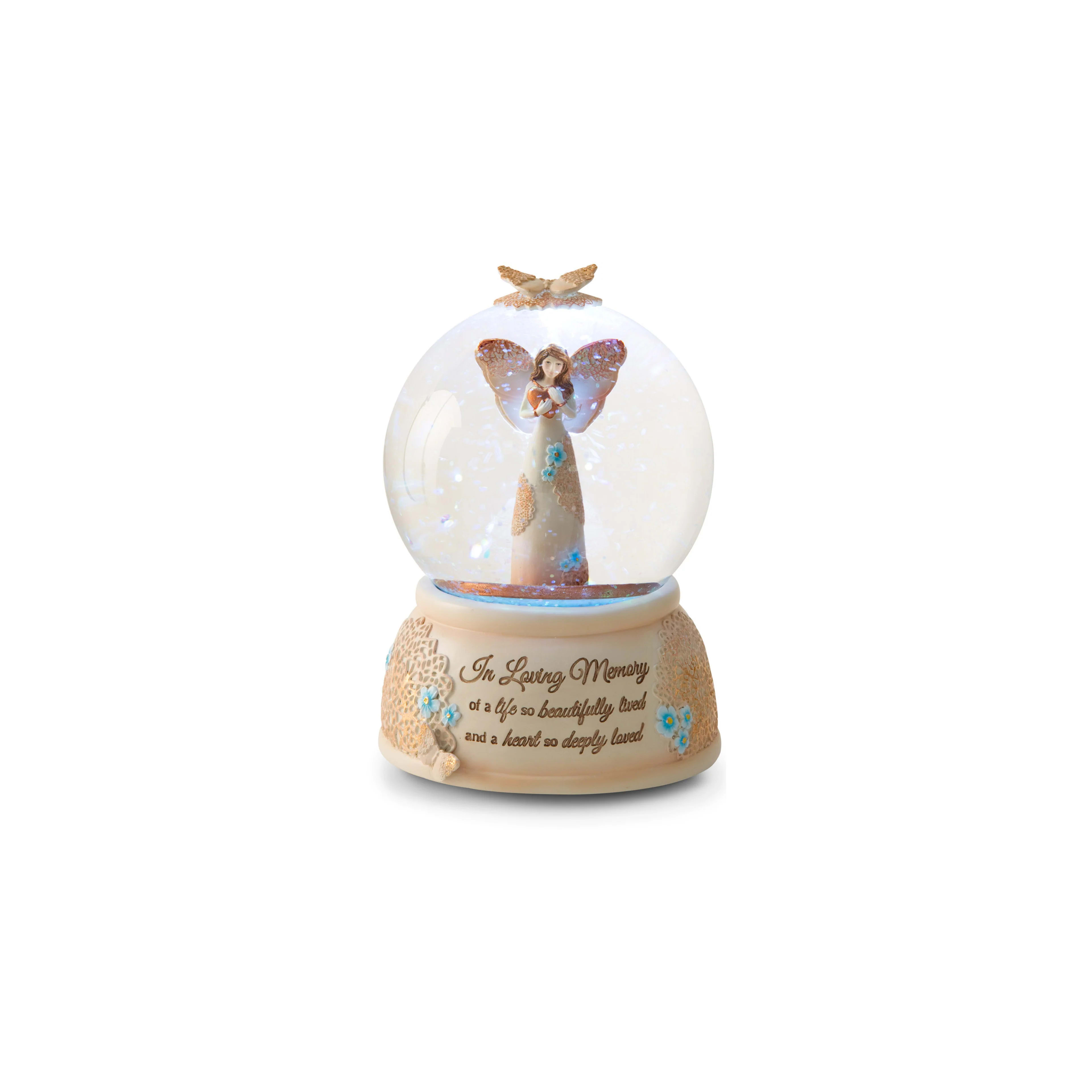 An angel in a snow globe with delicate snowflakes symbolizes love and remembrance.