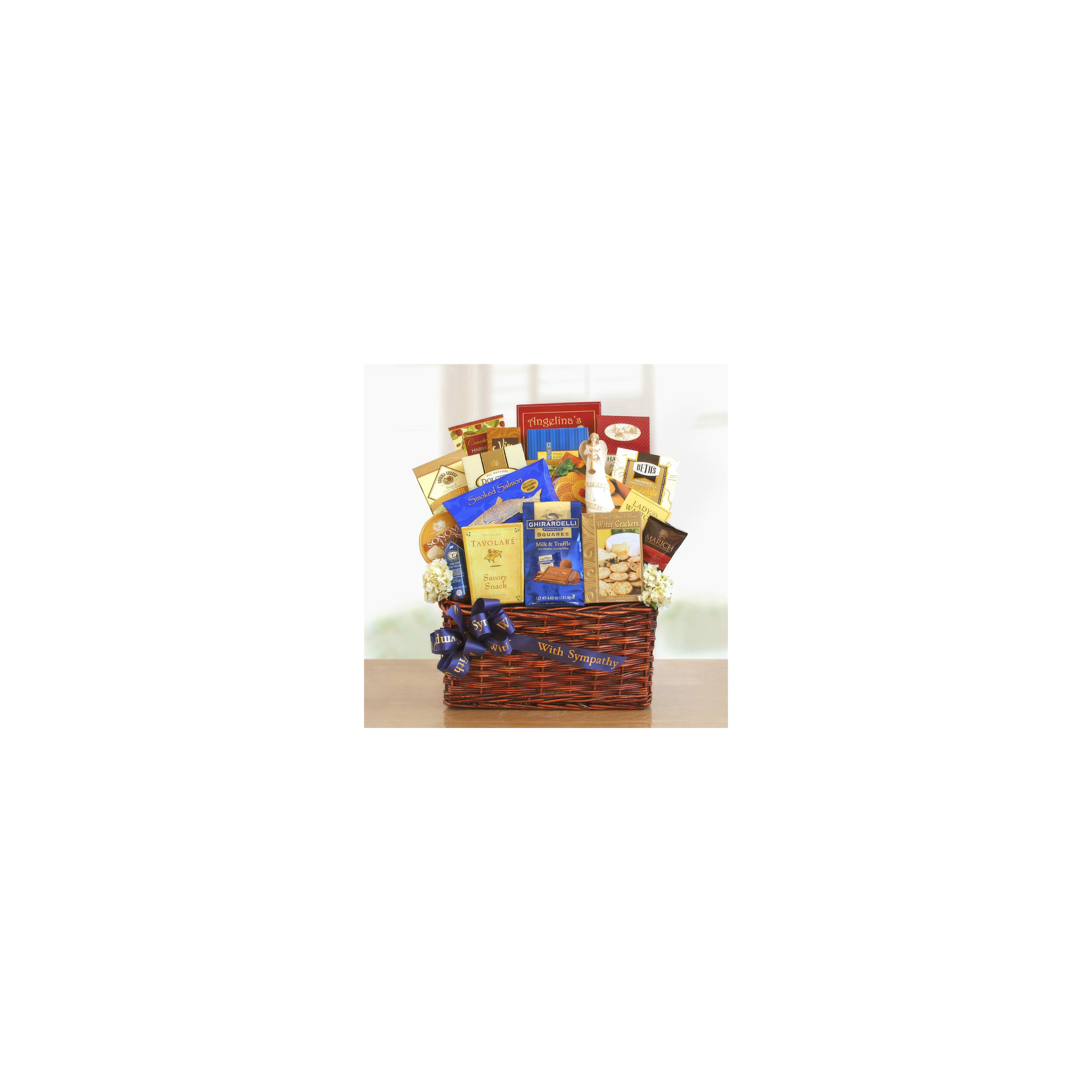 A sympathy gift basket filled with gourmet snacks, chocolates, and comforting treats.