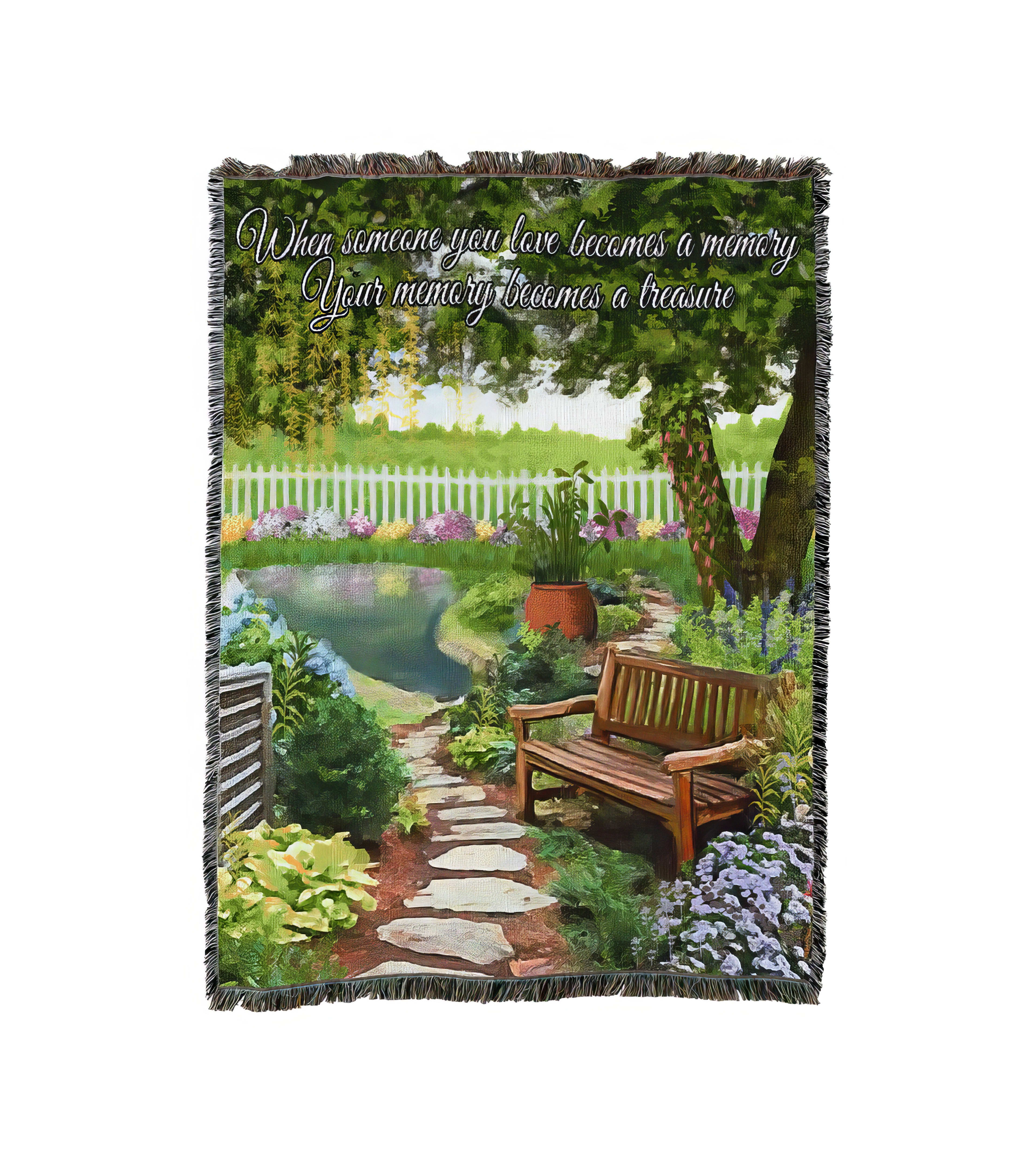 A serene garden path with a bench, pond, and vibrant flowers amid lush greenery.