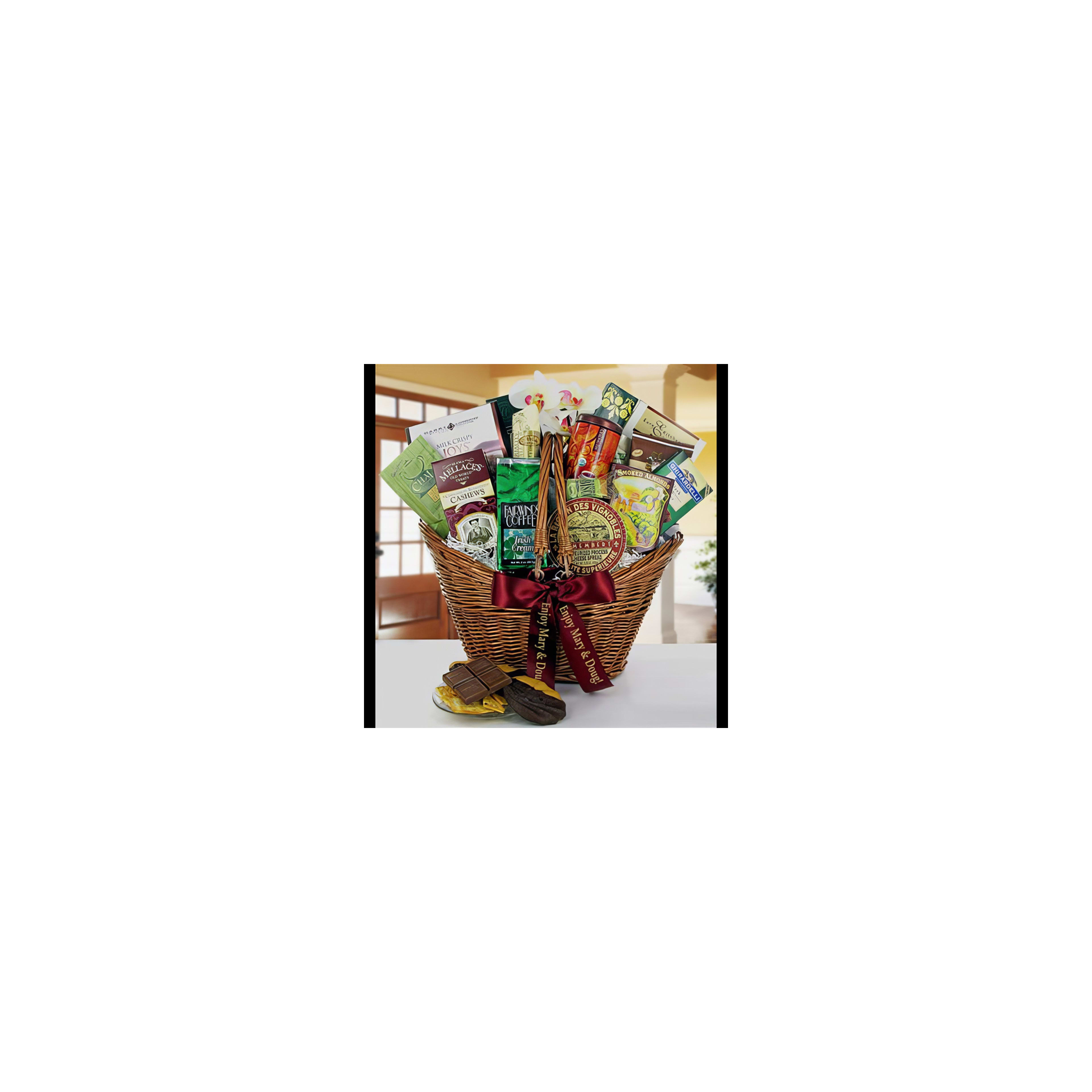 A beautifully arranged basket featuring a variety of gourmet snacks, teas, and chocolates.