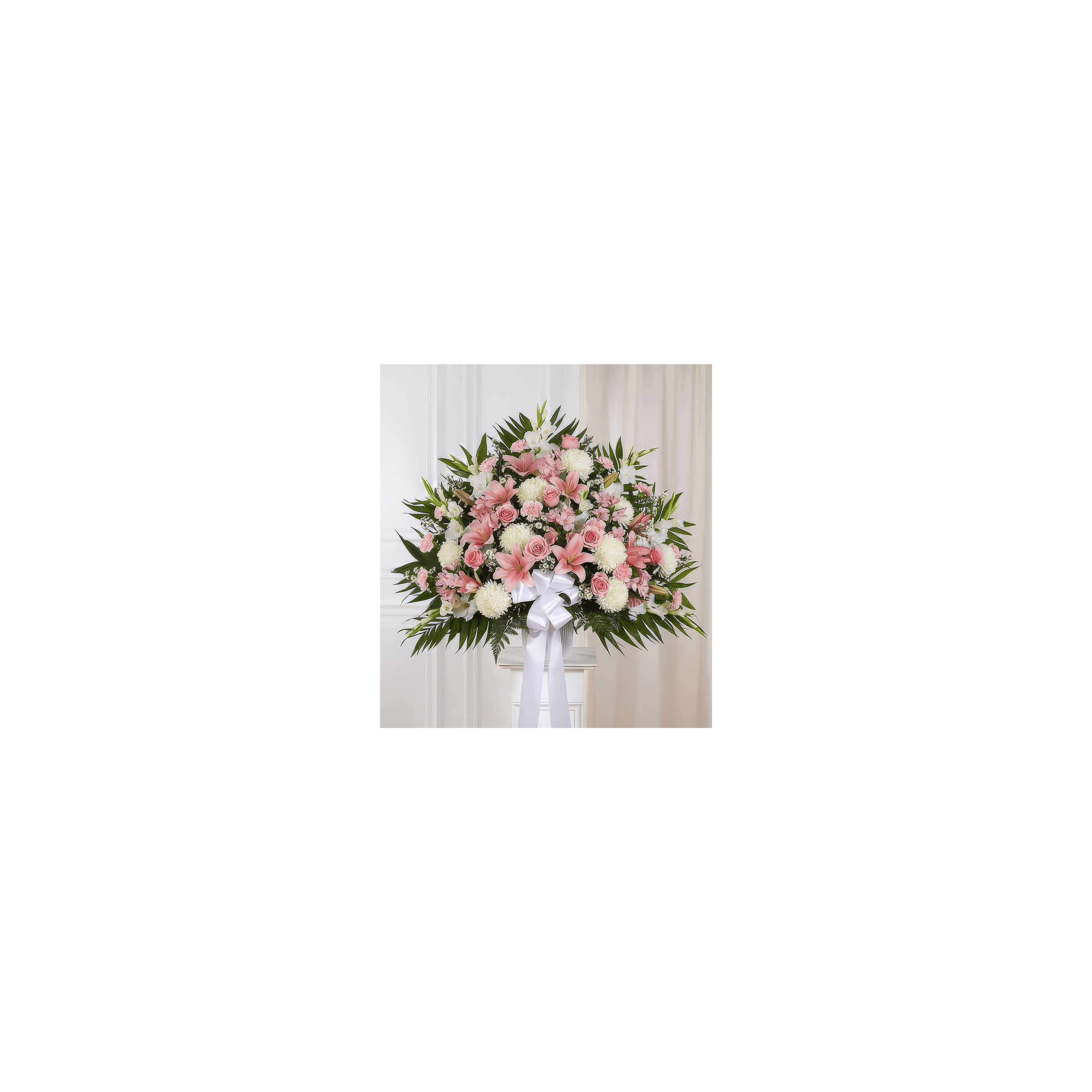 A colorful bouquet of pink roses, white lilies, and greens shines at the event.
