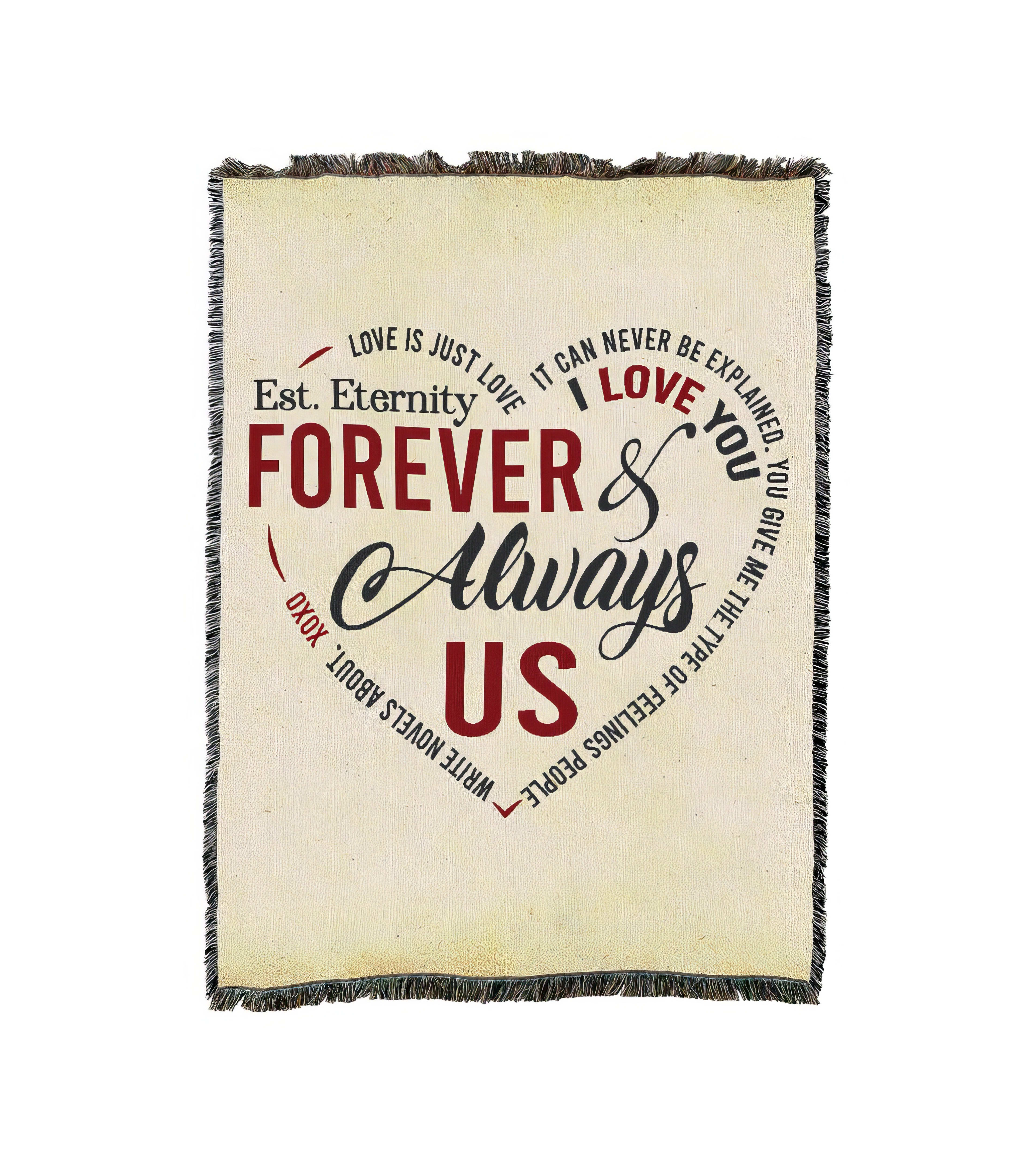 A cozy blanket features a heartwarming message about lasting love, ideal for home decor.
