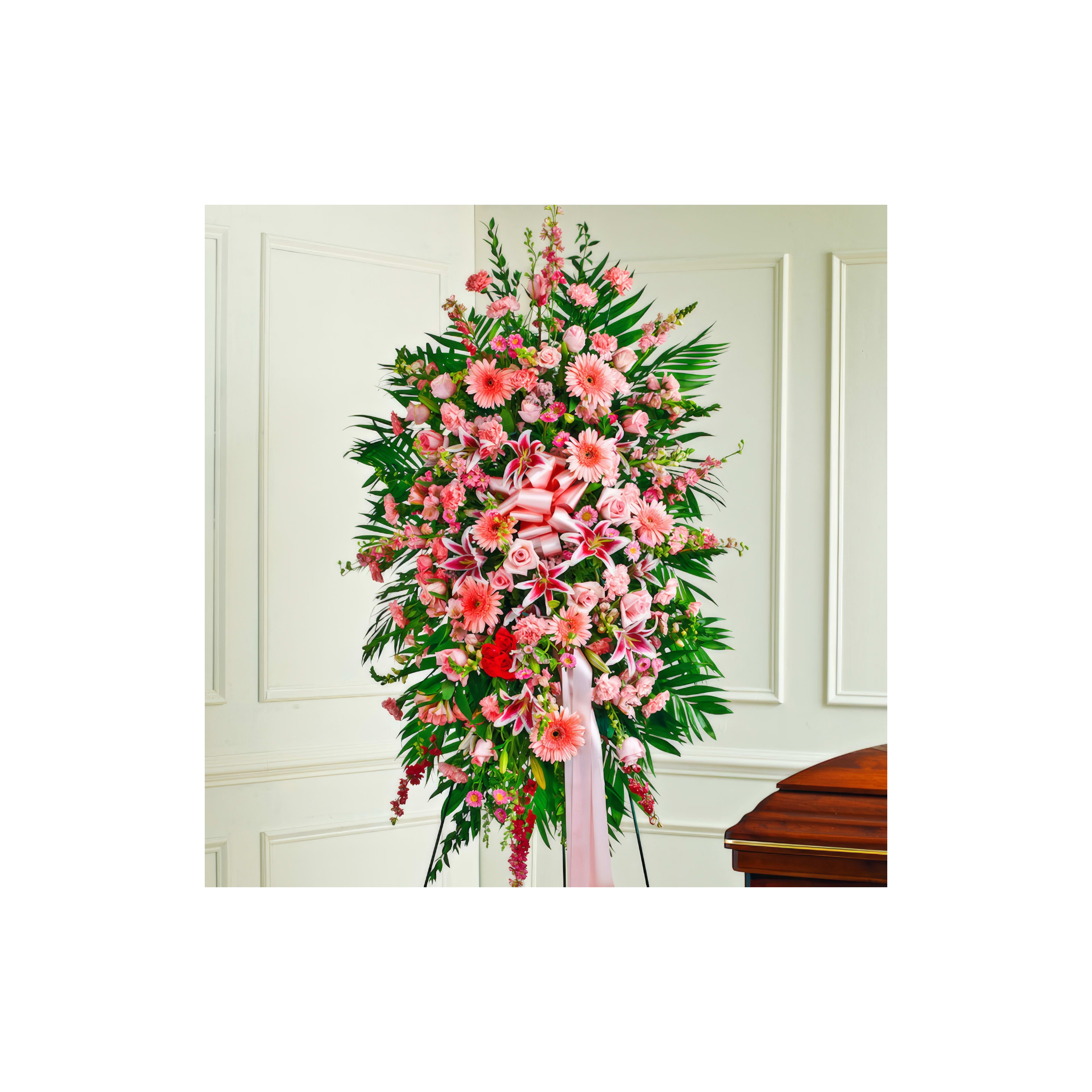 Elegant floral tribute featuring pink flowers and lush greenery displayed in a solemn indoor space.