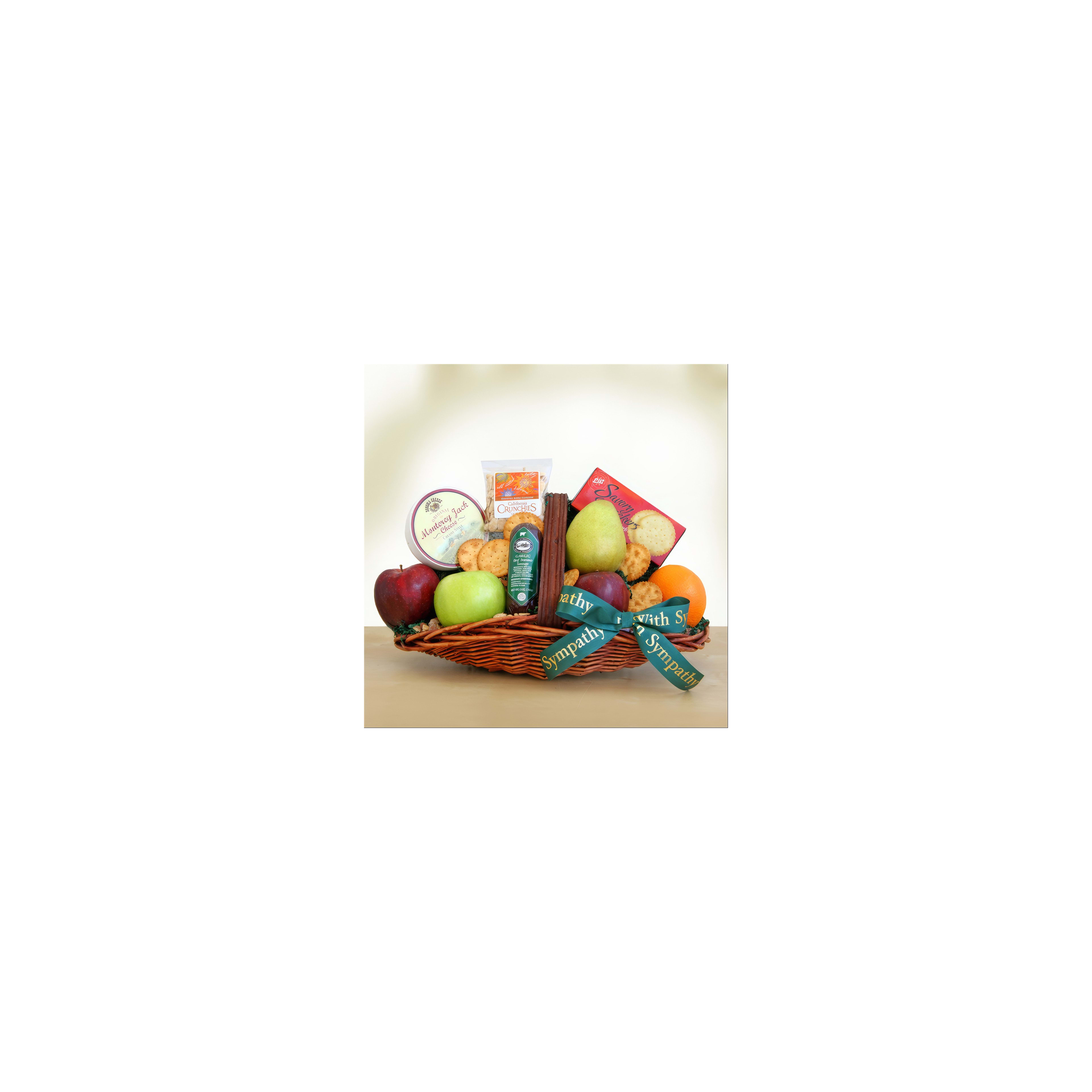 Colorful wicker basket holds fresh fruits and snacks, perfect for expressing sympathy.