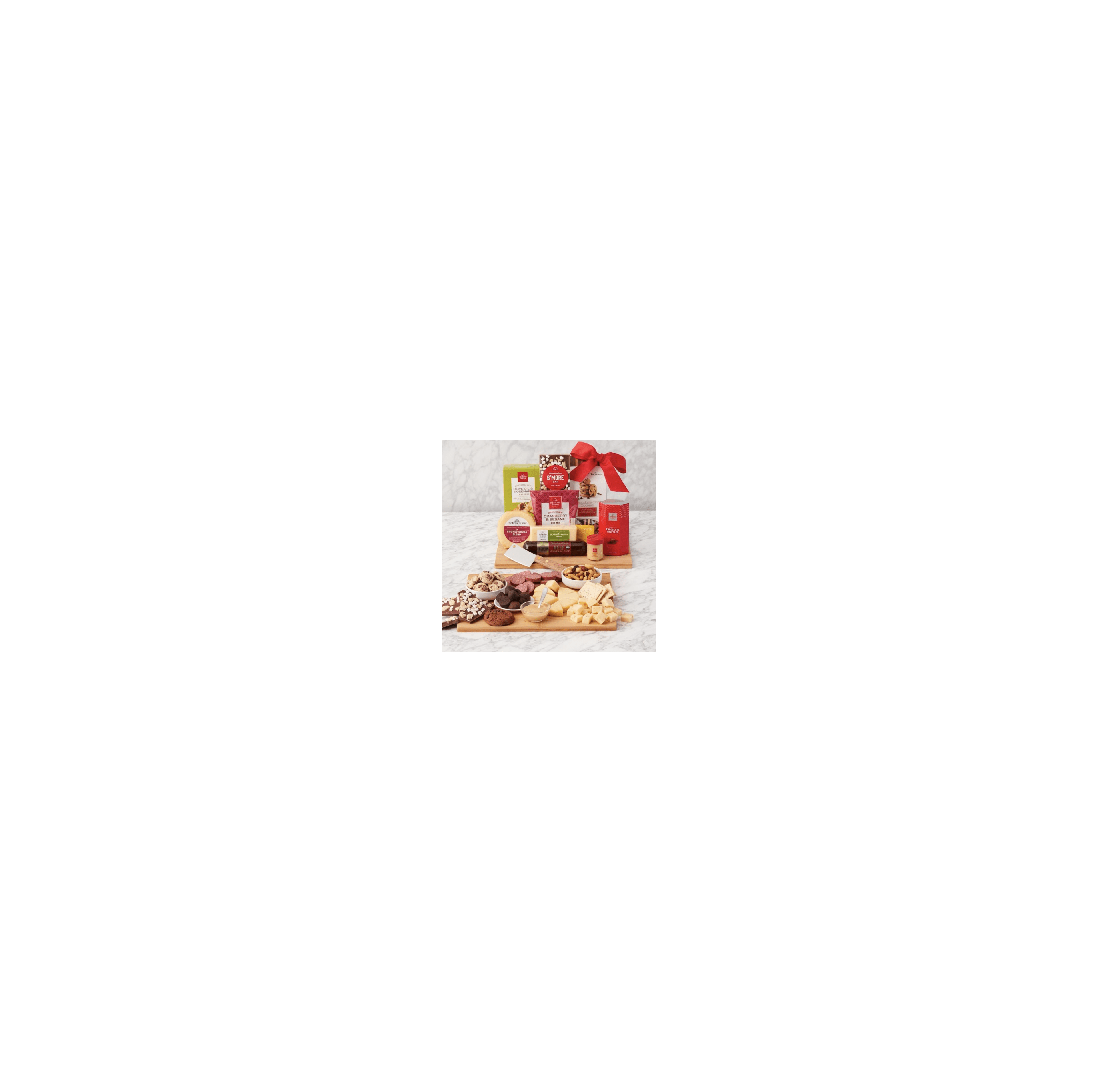 A colorful assortment of desserts and gourmet snacks is beautifully arranged on wooden platters.