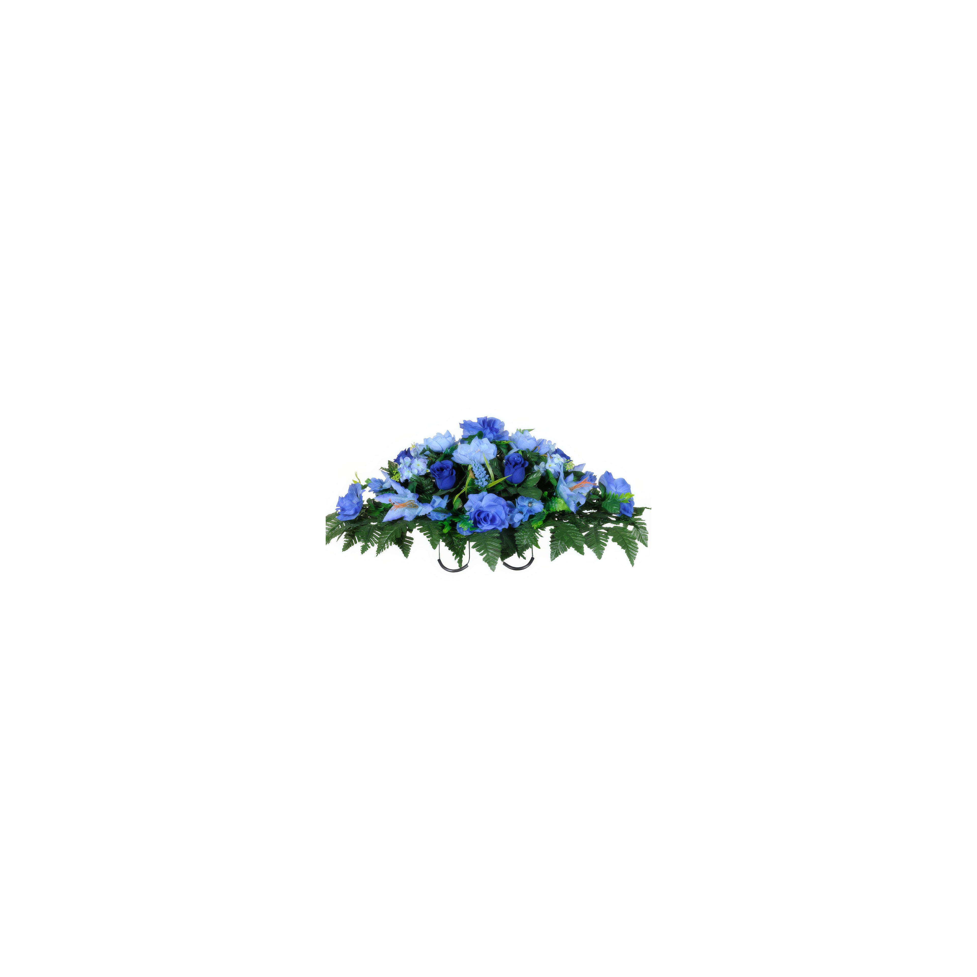 This vibrant floral display features blue roses and greenery, perfect for decoration.