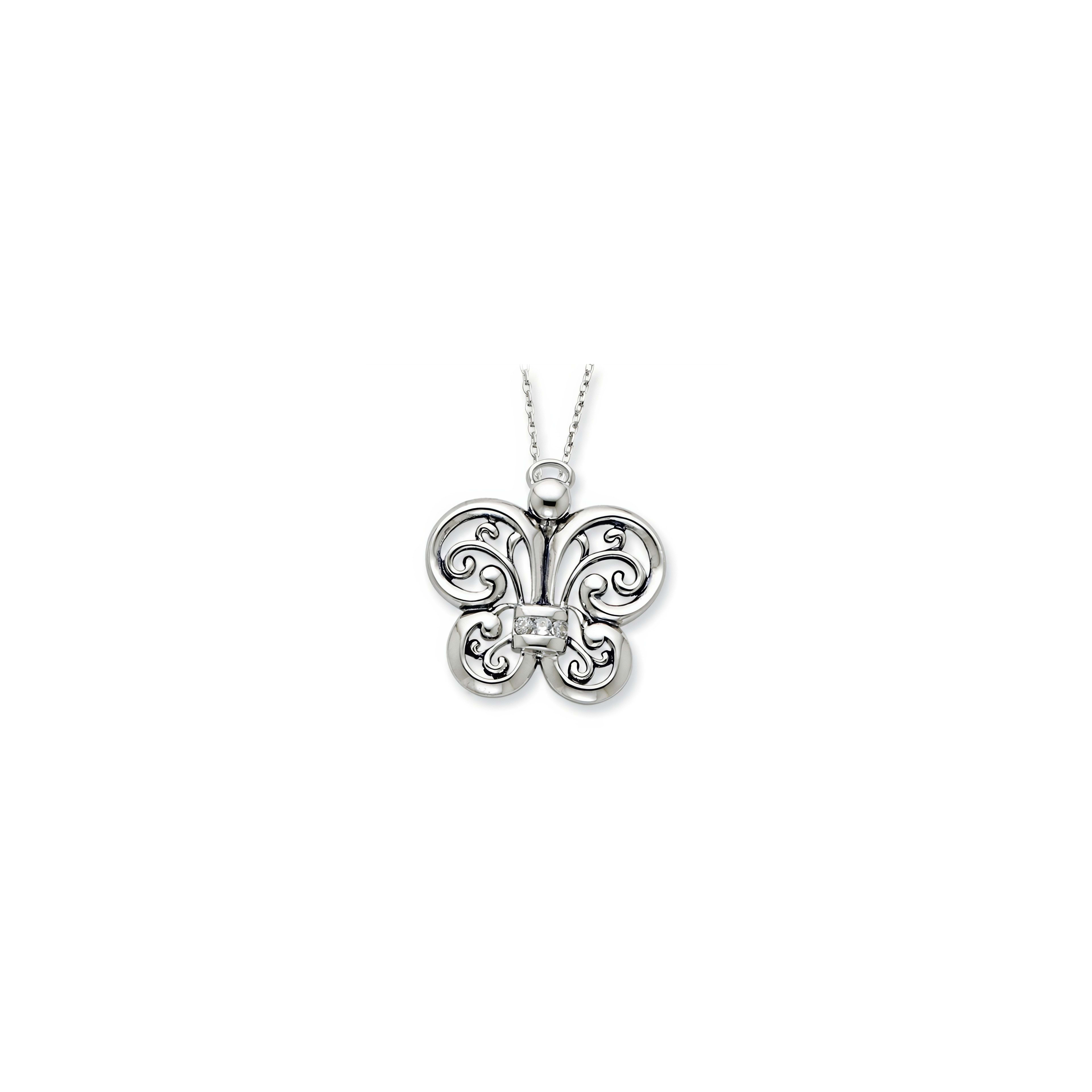 A beautiful silver butterfly pendant featuring detailed swirls and a small sparkling gem.