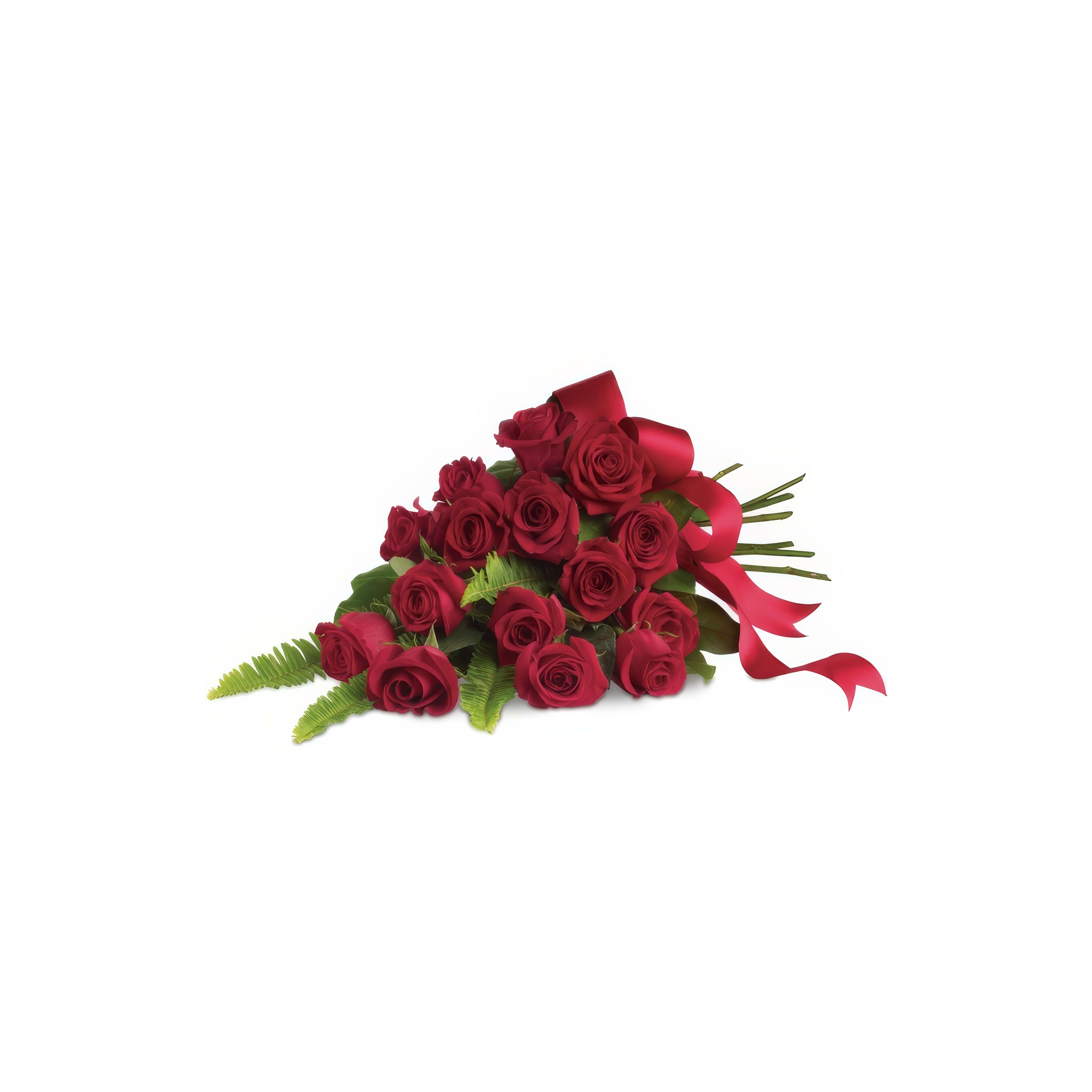 A stunning arrangement of red roses adorned with a ribbon lies elegantly on a clean surface.