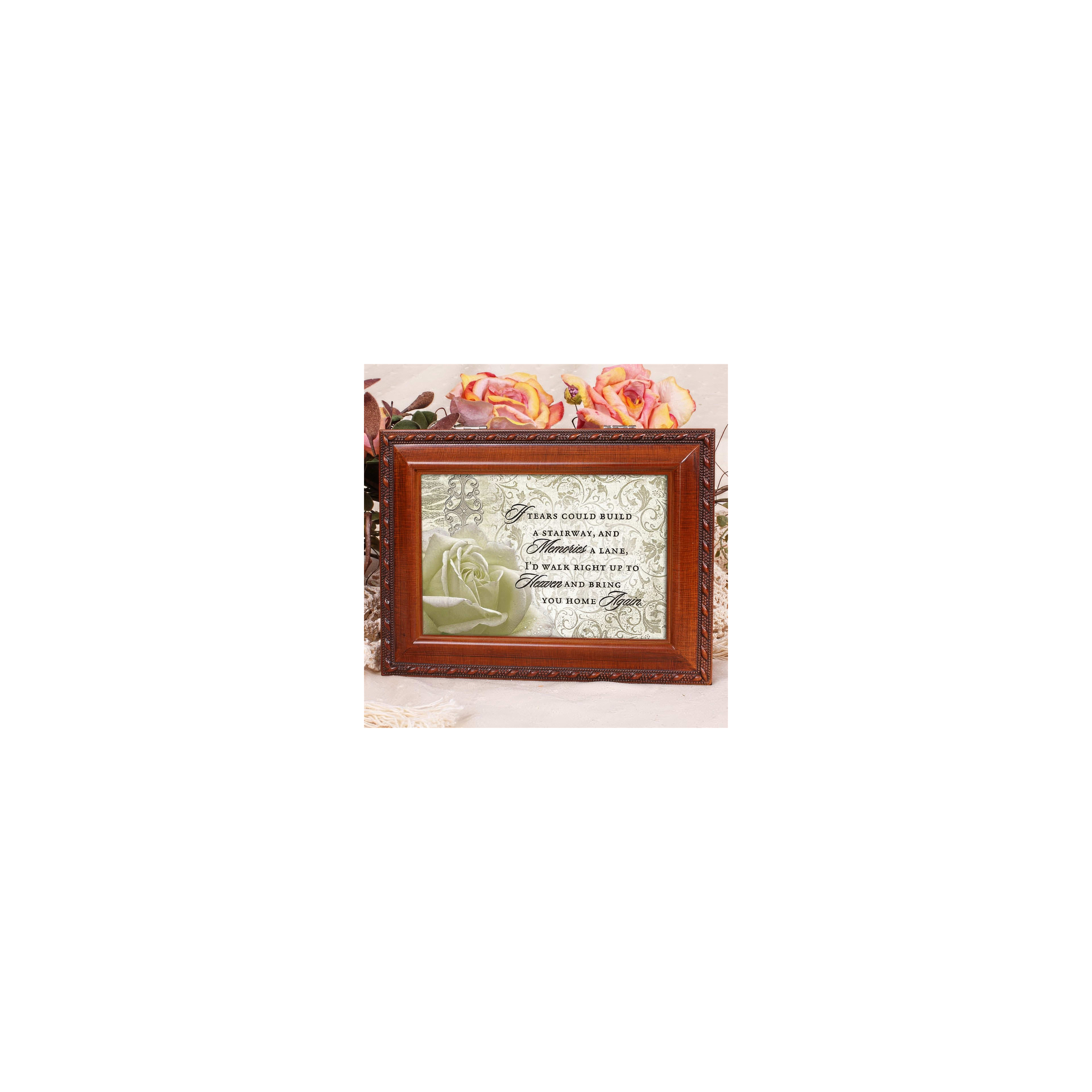 A decorative frame holds a heartfelt quote about memories and love, surrounded by lovely roses.