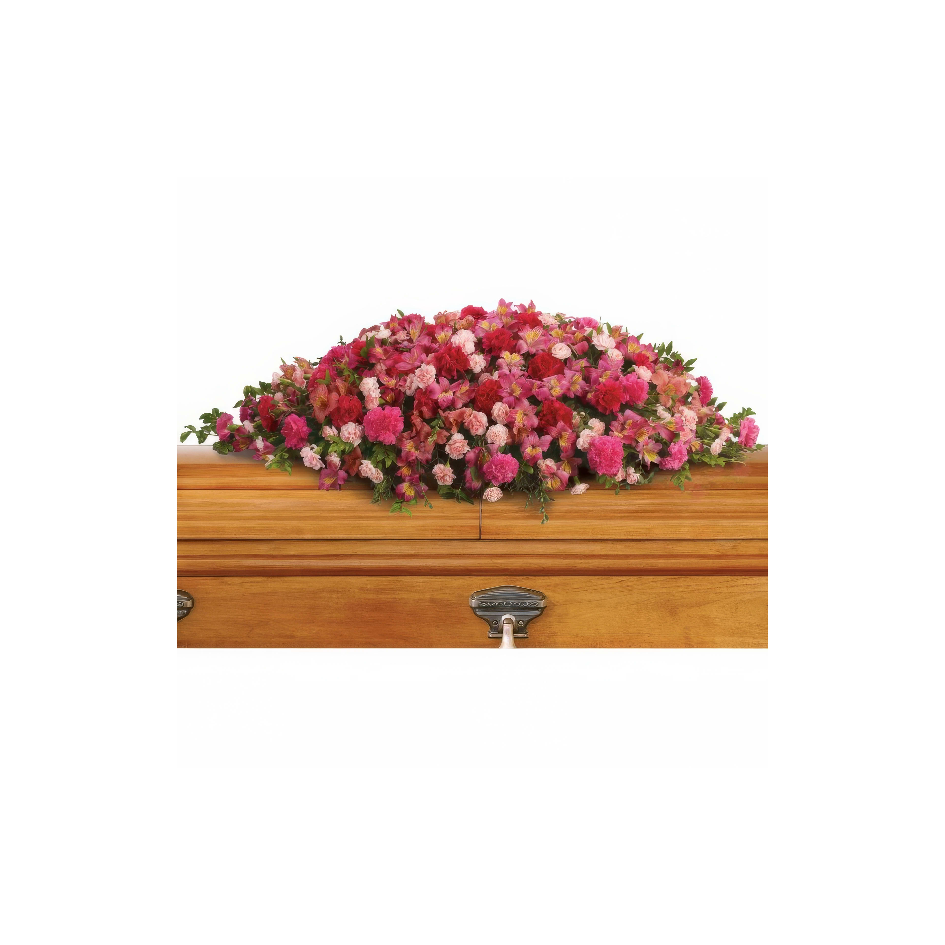 A wooden casket is beautifully decorated with colorful flowers, symbolizing remembrance and love.