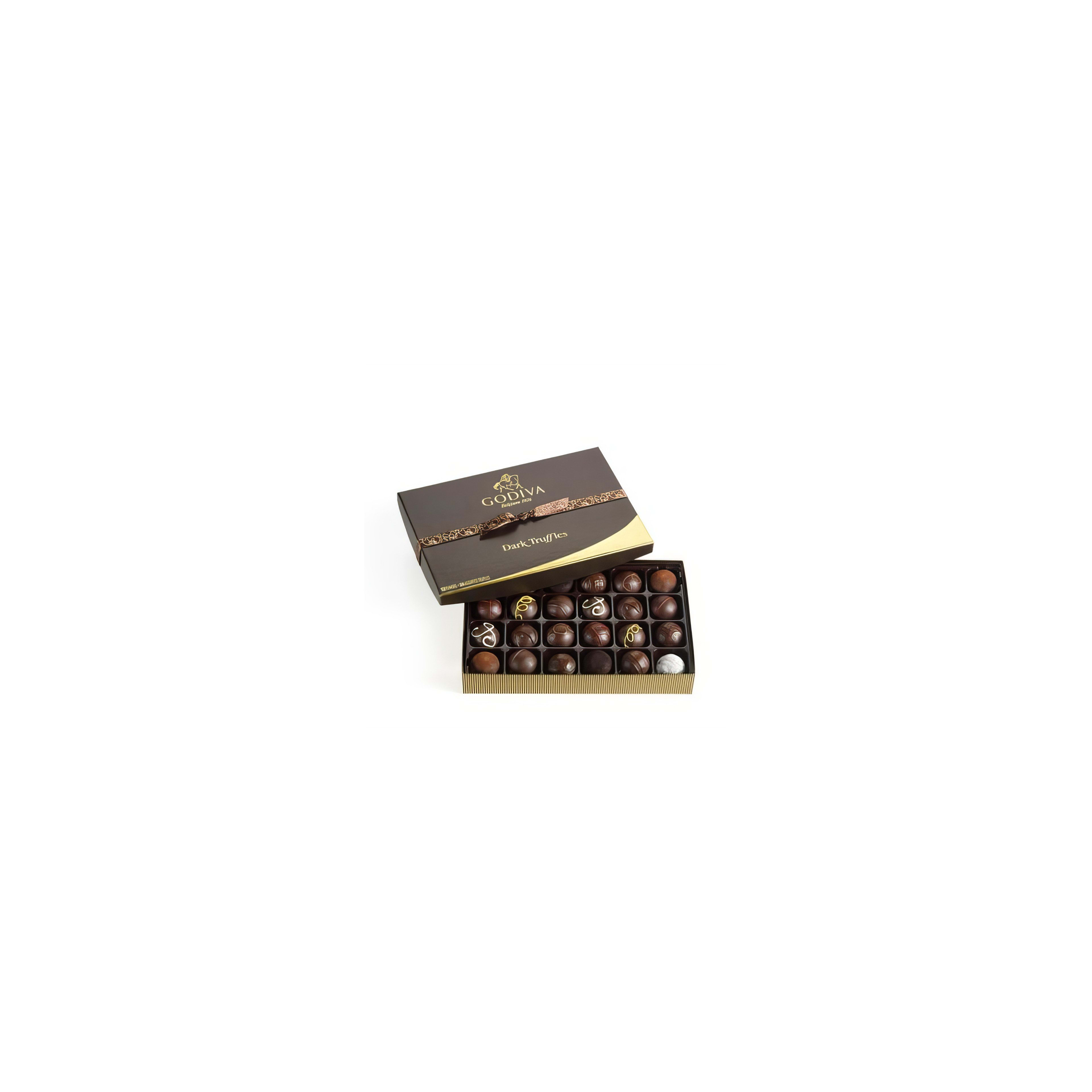 An elegant box of dark chocolate truffles opens, revealing rich treats for any celebration.