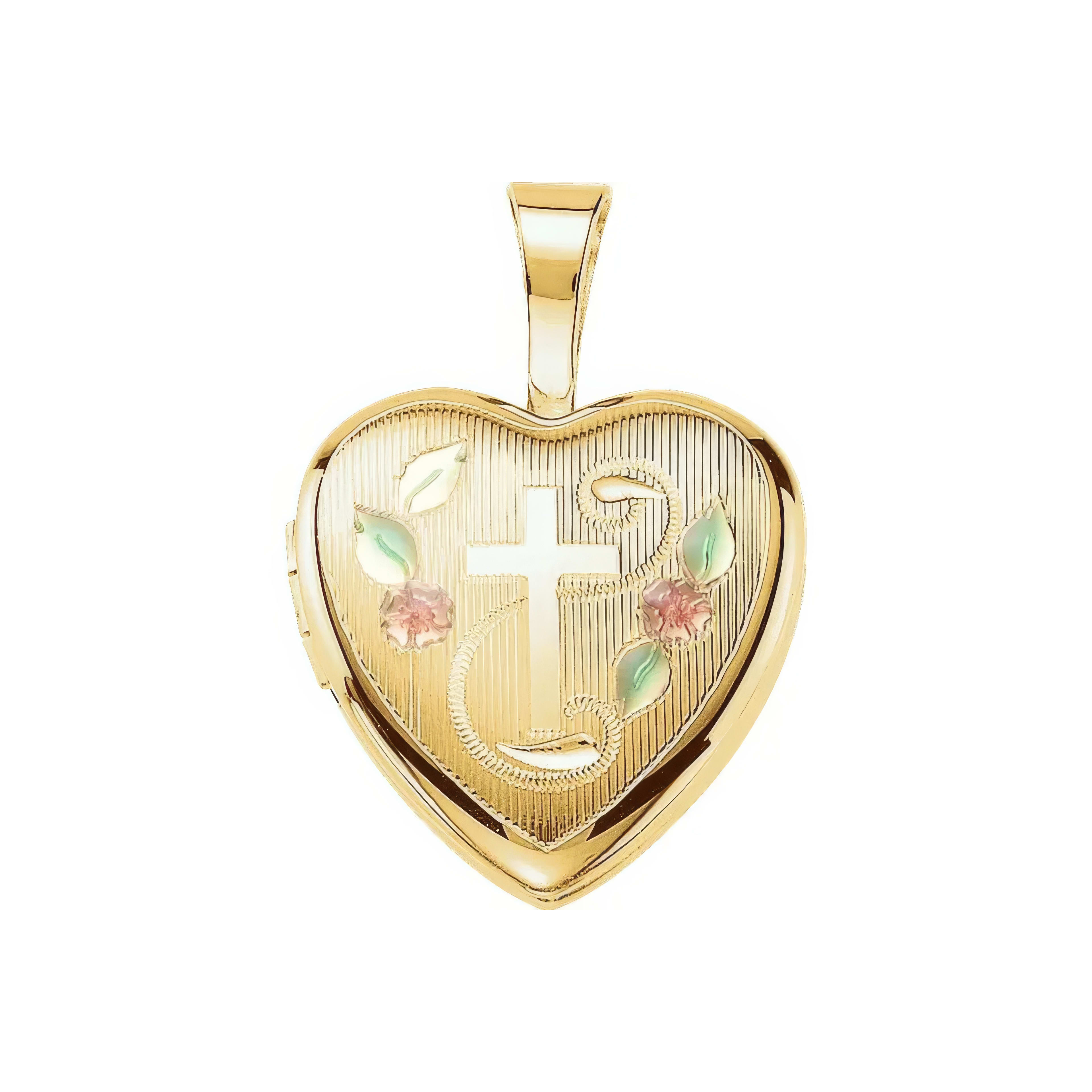 A heart-shaped locket featuring a cross and delicate floral accents, crafted from gold.
