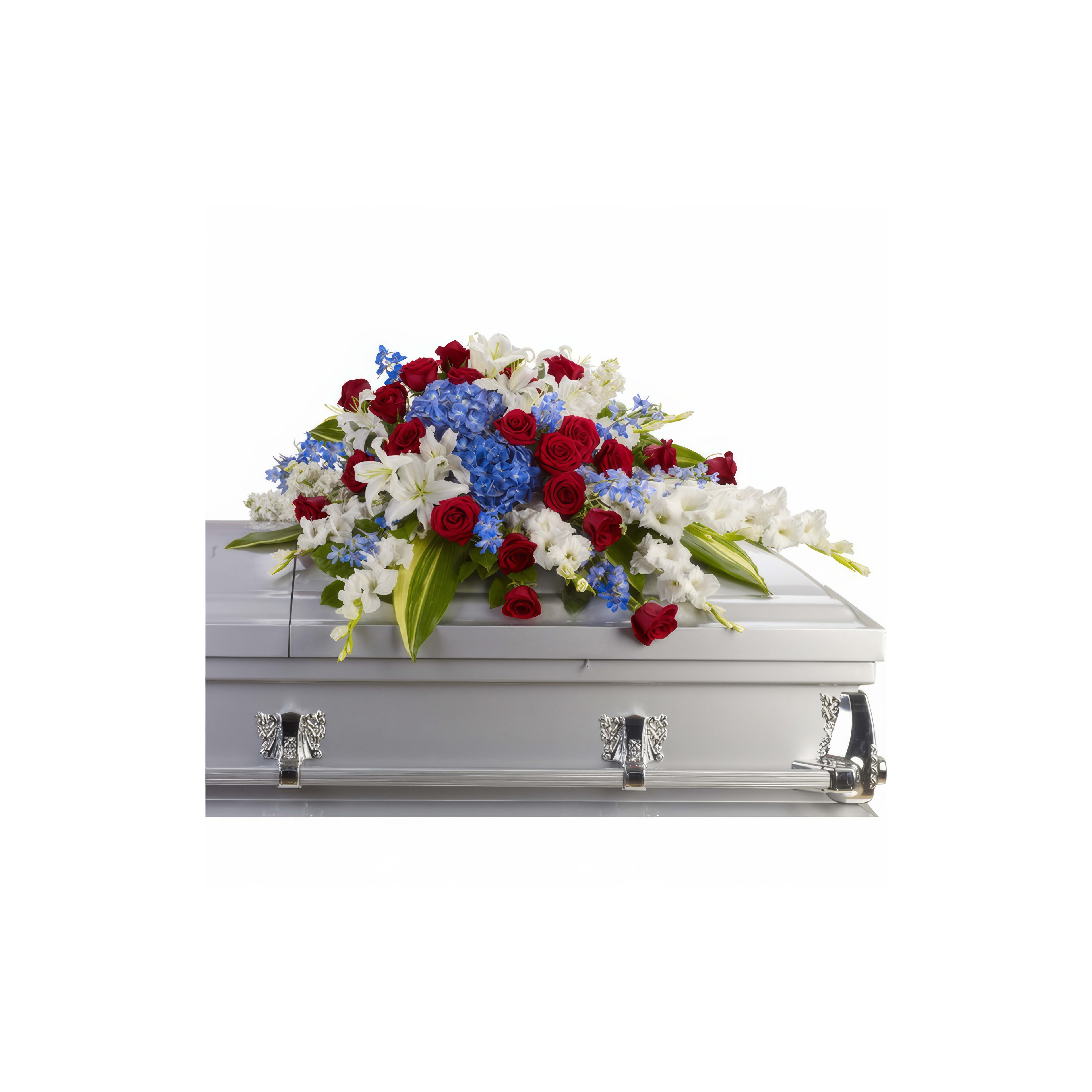 A silver casket adorned with vibrant flowers, indicating a respectful farewell.