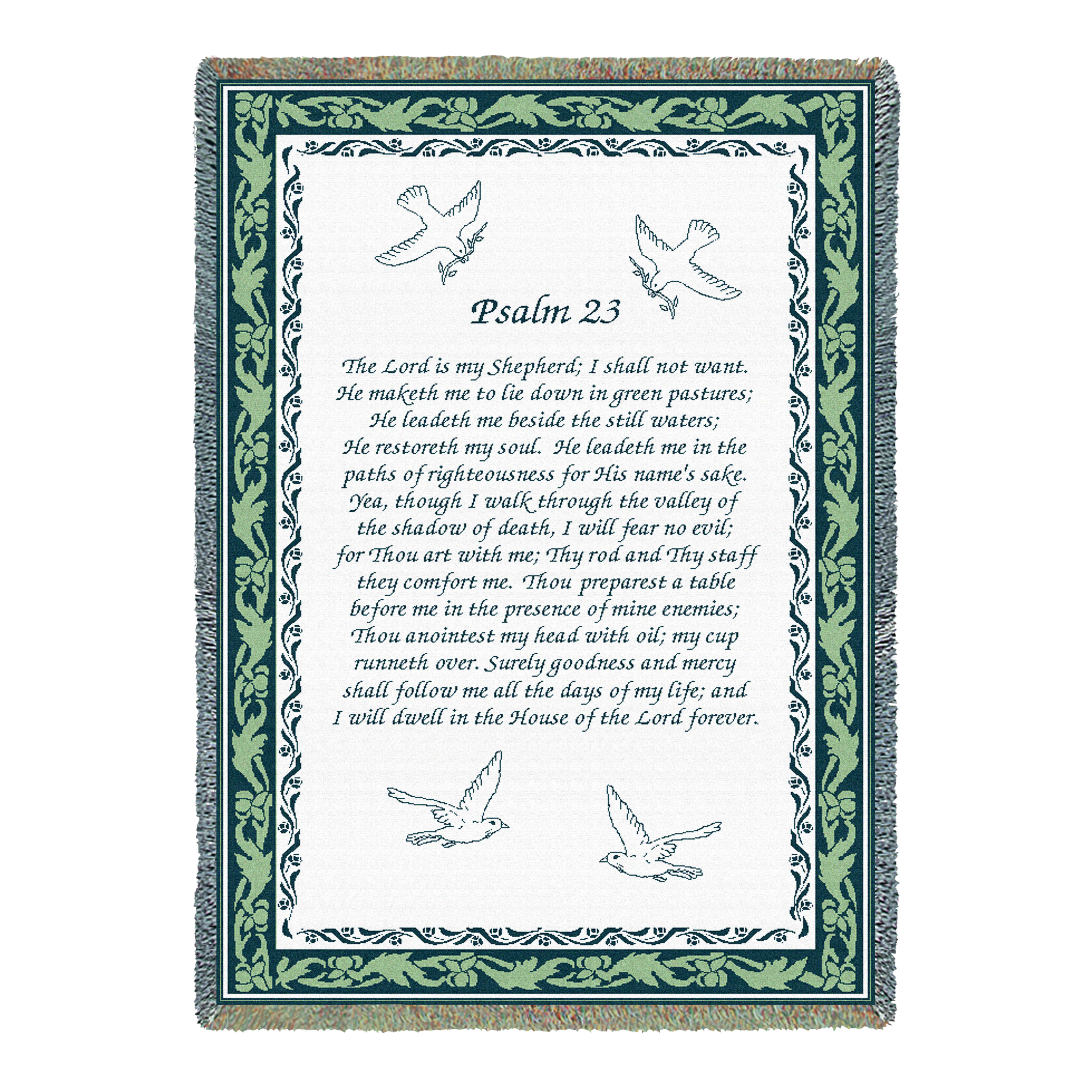 A beautifully crafted tapestry featuring Psalm 23 surrounded by intricate designs and doves.