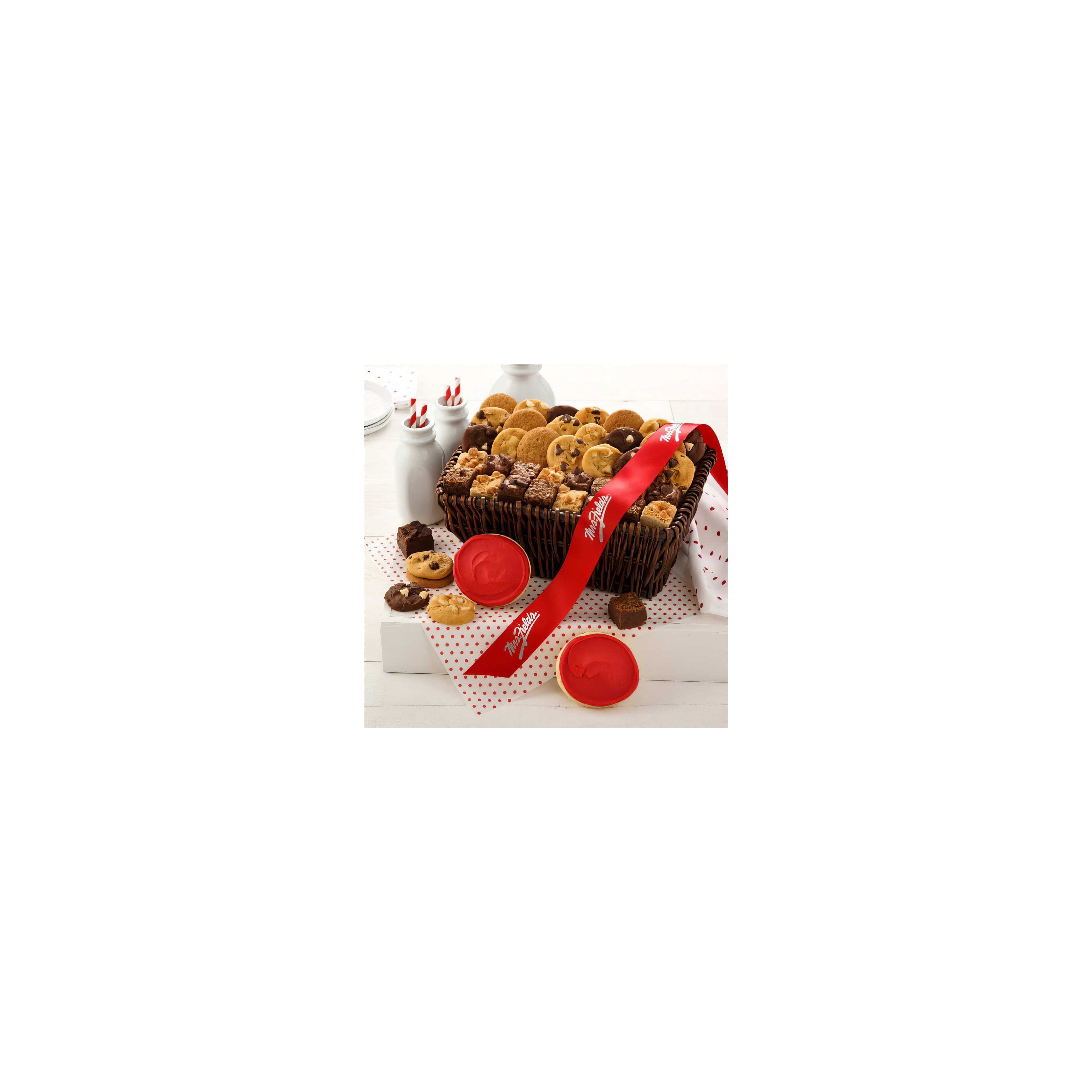 A wicker basket filled with various cookies and brownies, perfect for any festive occasion.