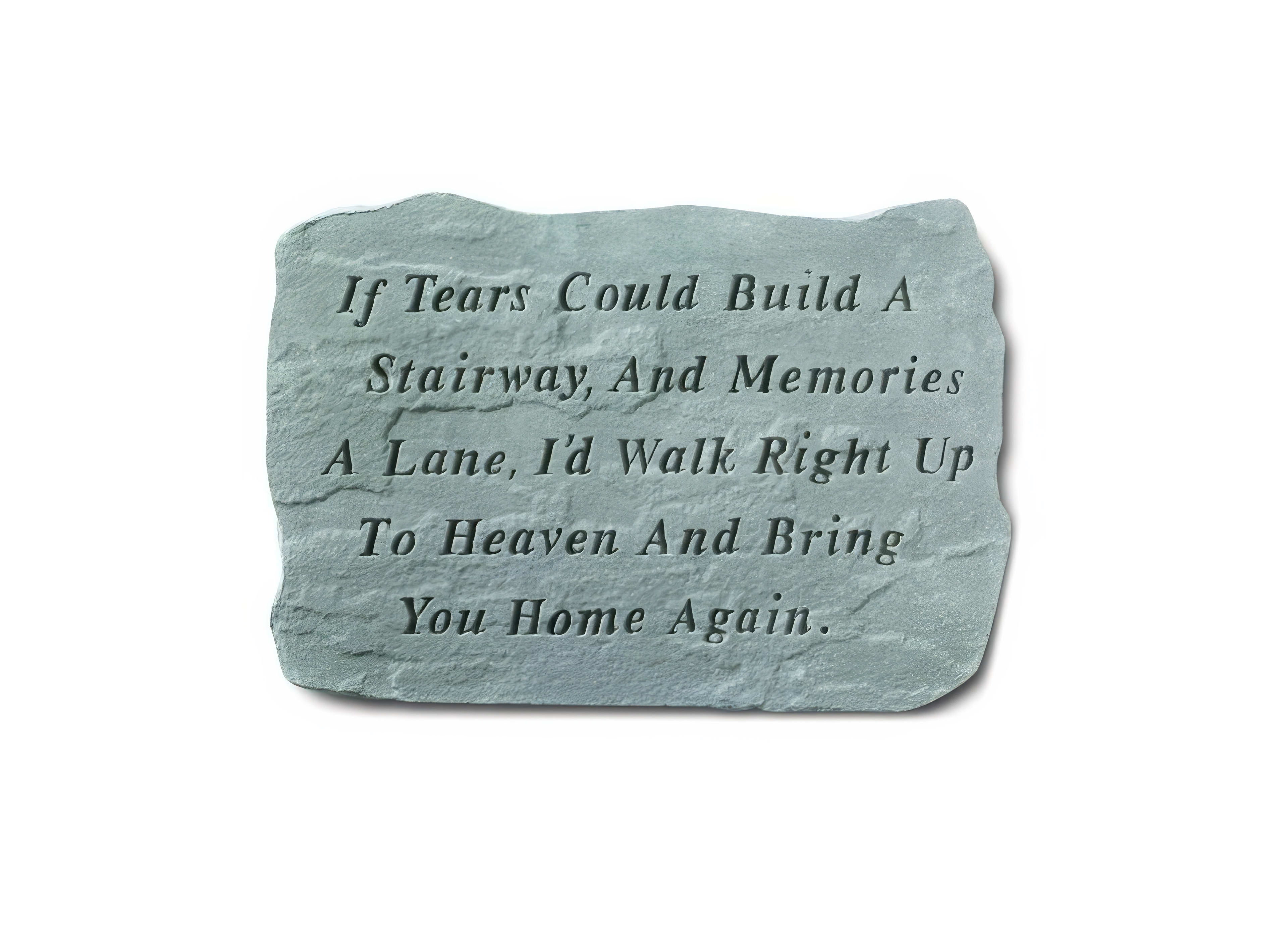 A stone plaque features a heartfelt quote about love and longing, set against a tranquil background.