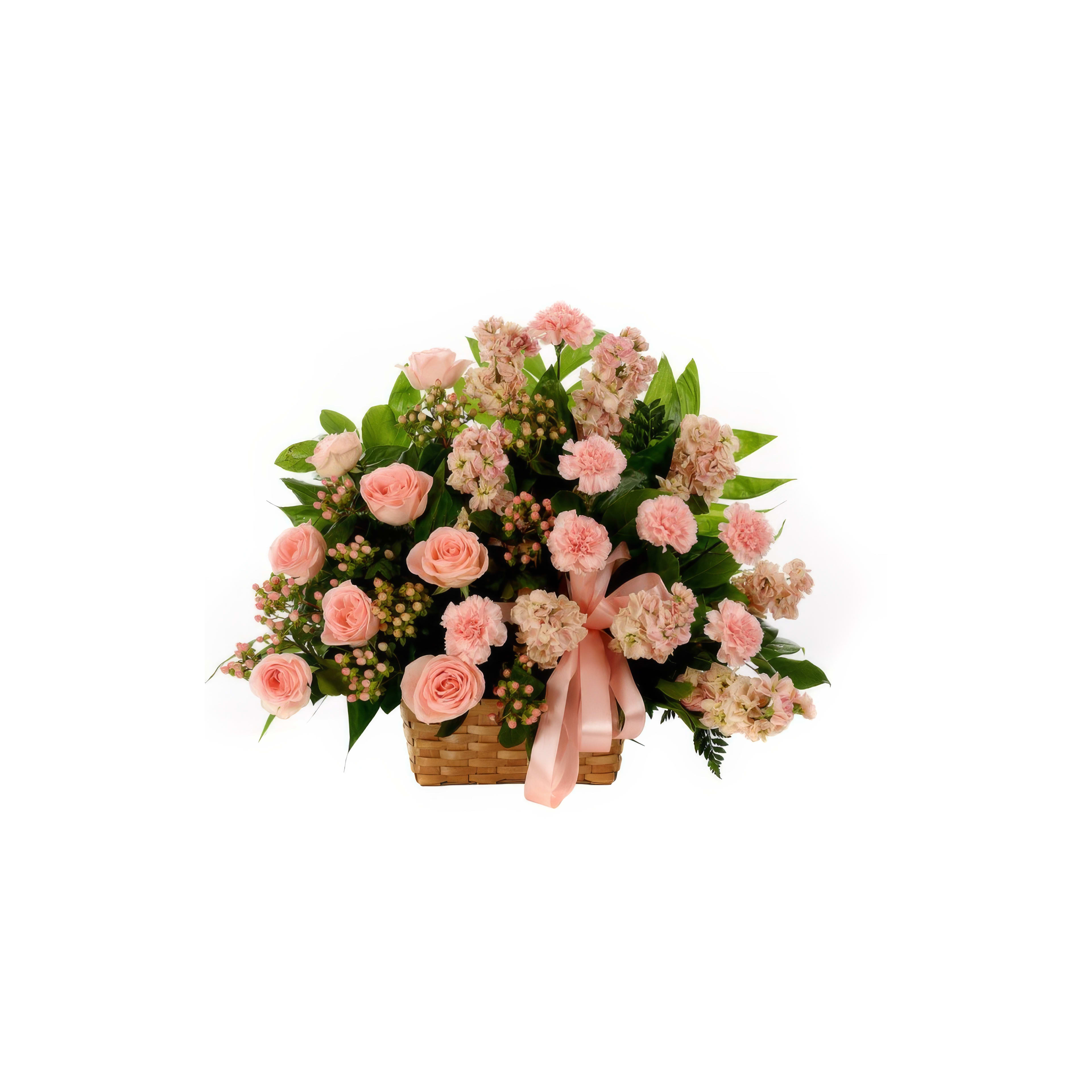 Colorful arrangement of pink roses and delicate flowers displayed in a woven basket.