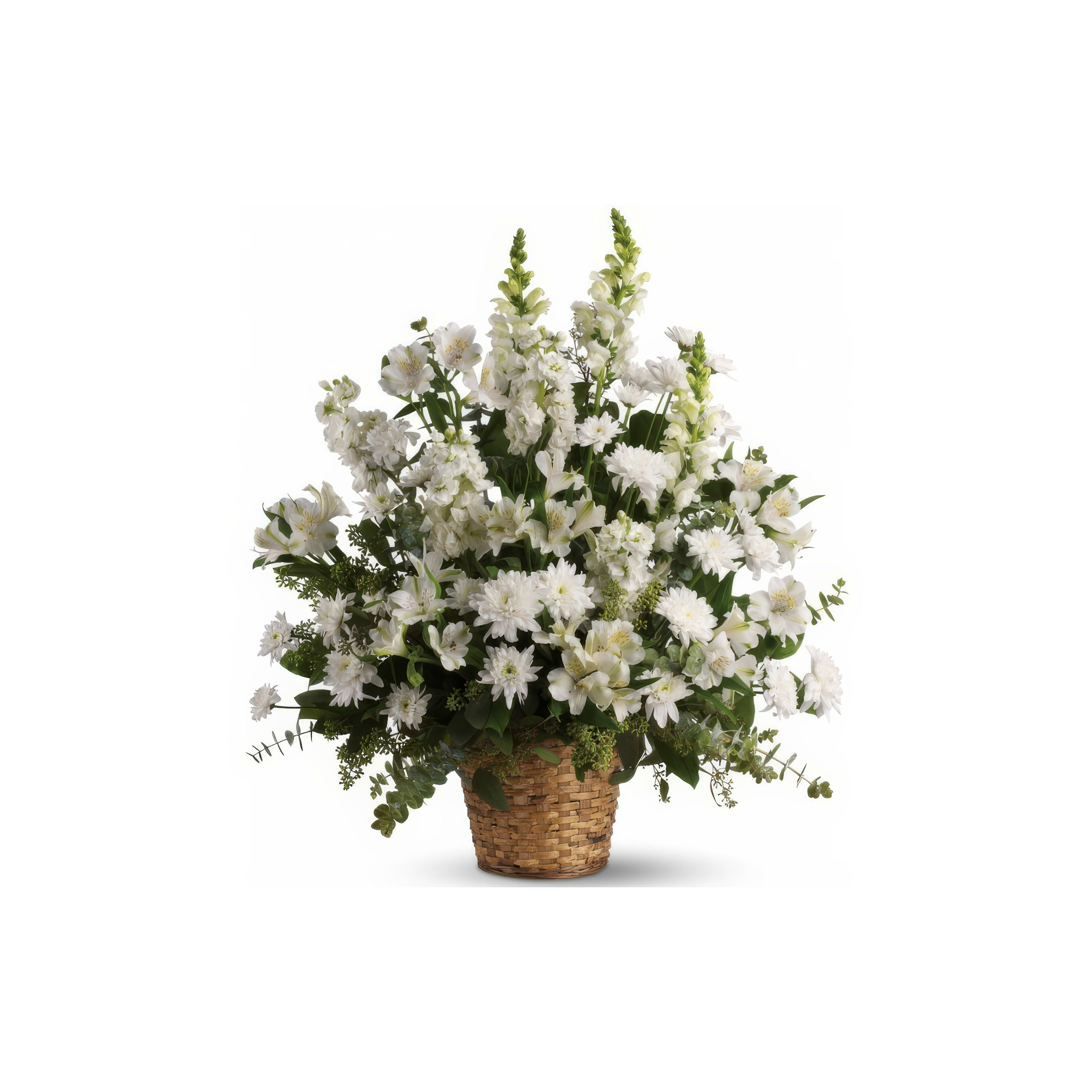 A lovely arrangement of white flowers in a woven basket, ideal for any celebration.