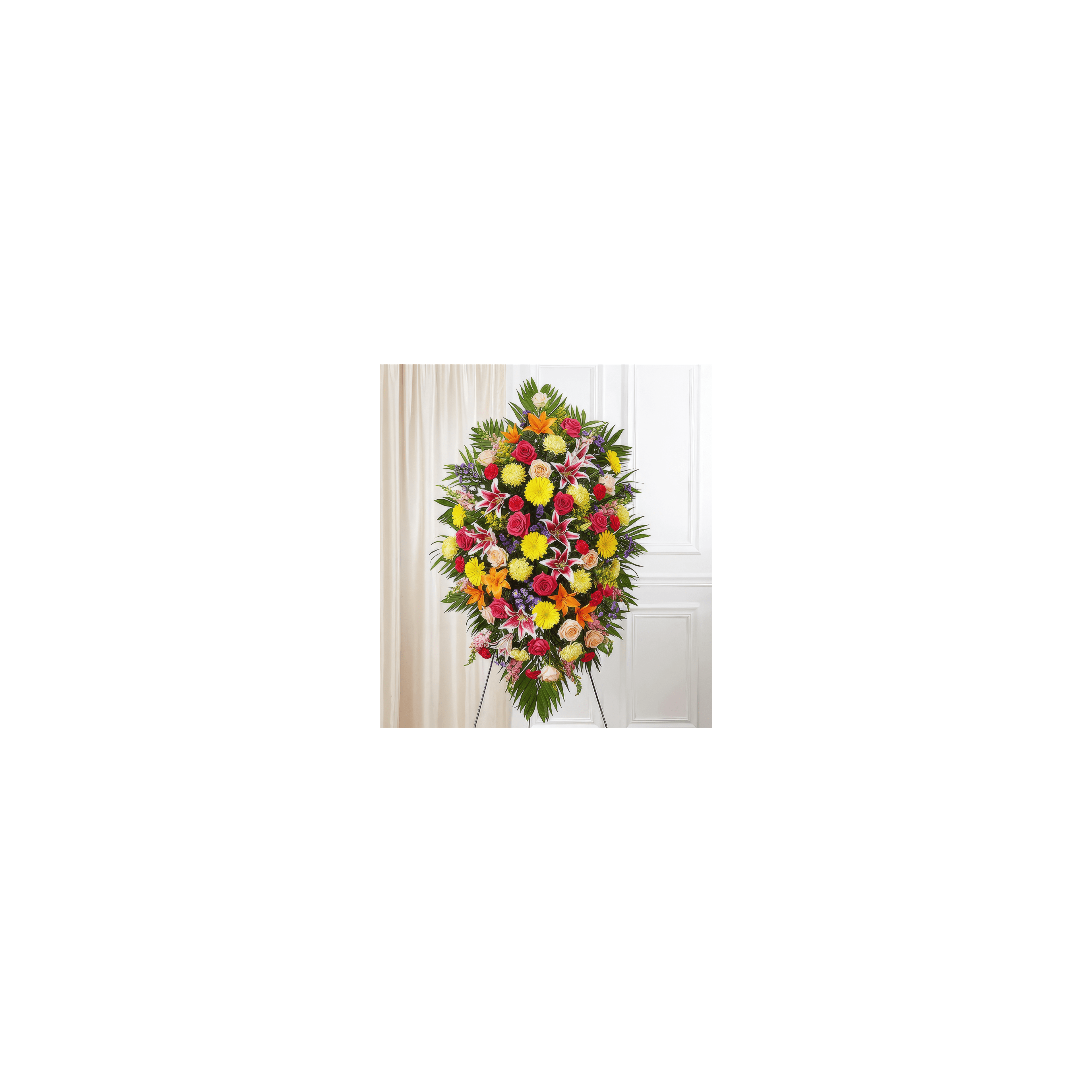 A vibrant floral arrangement pops against a white curtain backdrop.