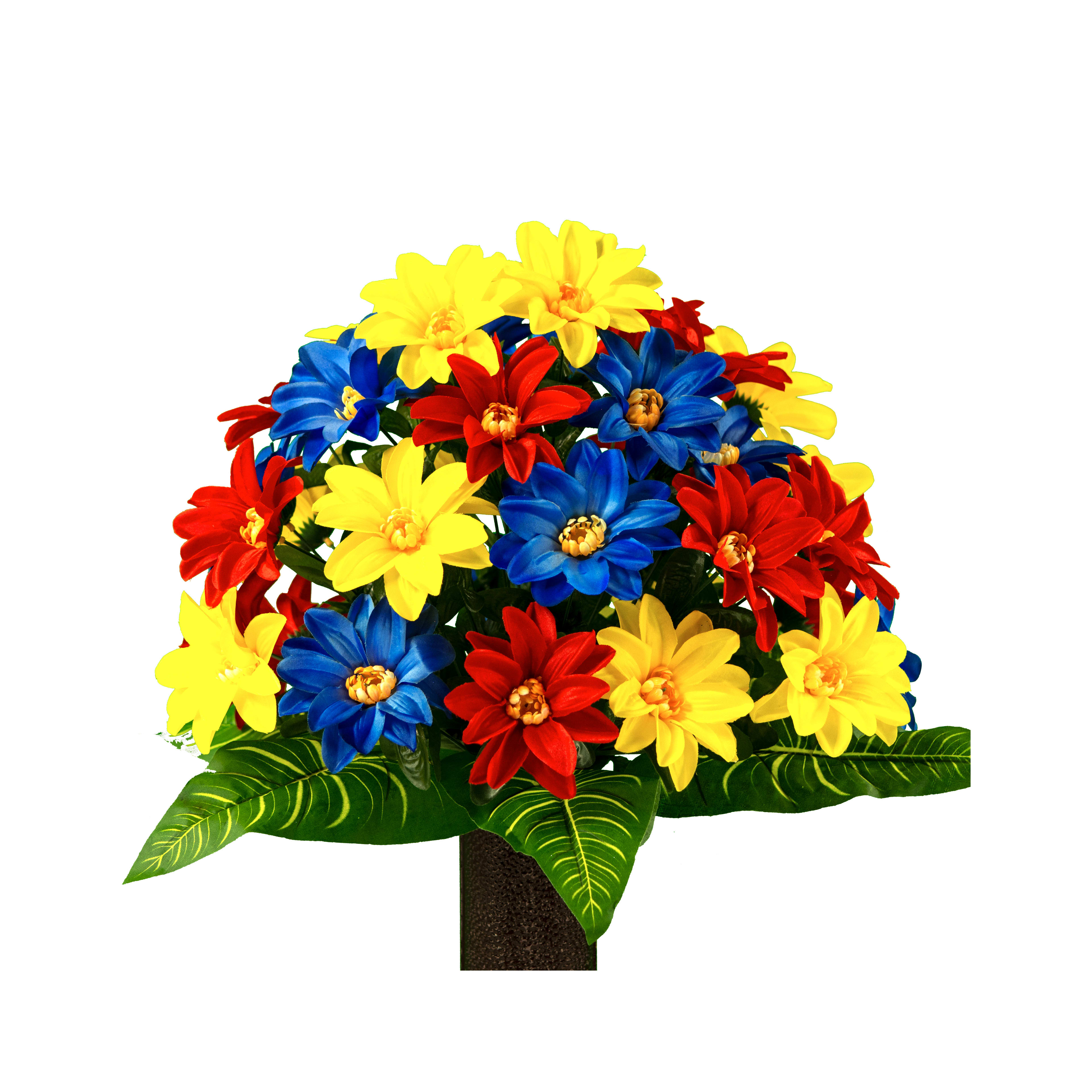 Vibrant display of artificial flowers featuring red, blue, and yellow petals atop lush green leaves.