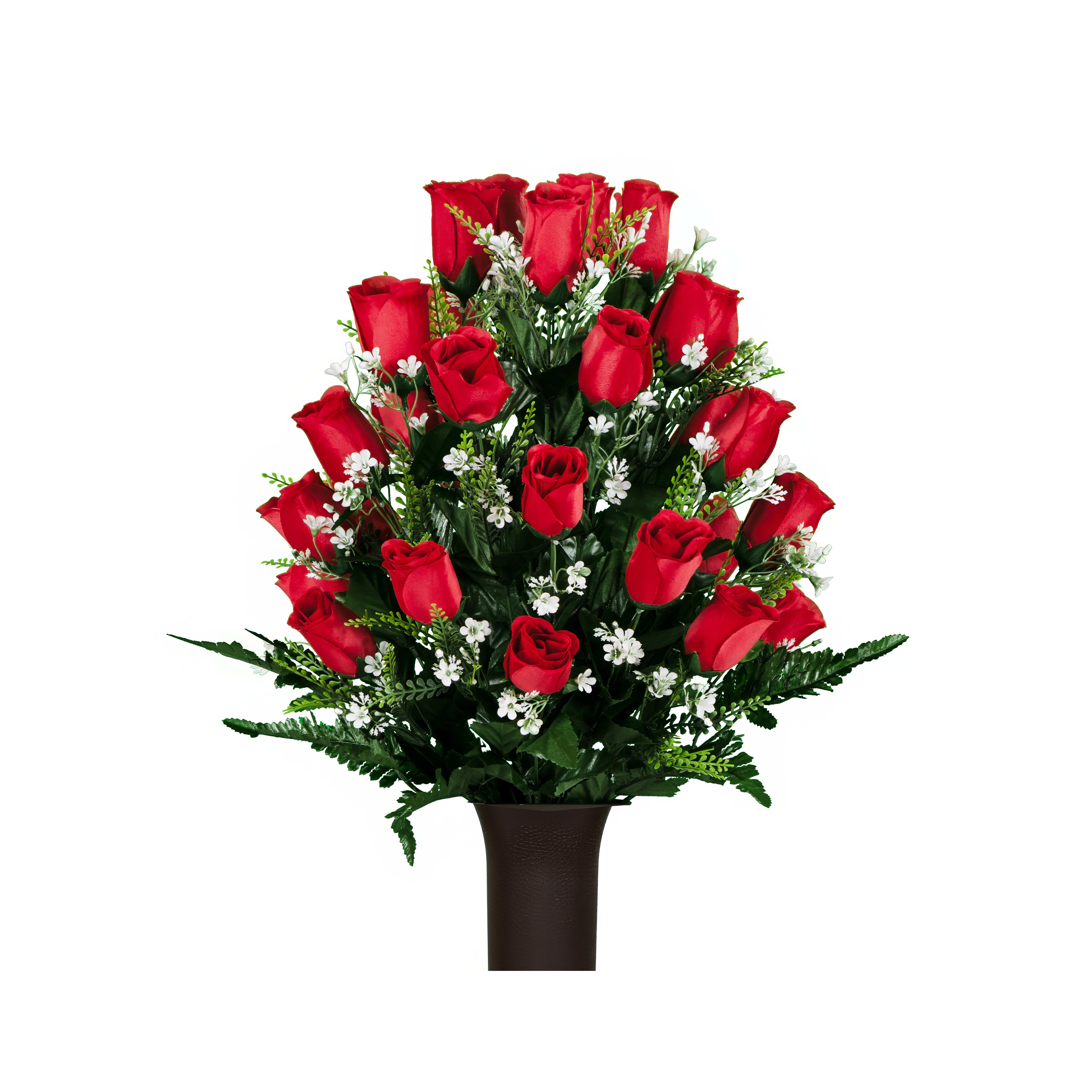 A bouquet of vibrant red roses is artistically arranged in a dark vase, perfect for celebrations.