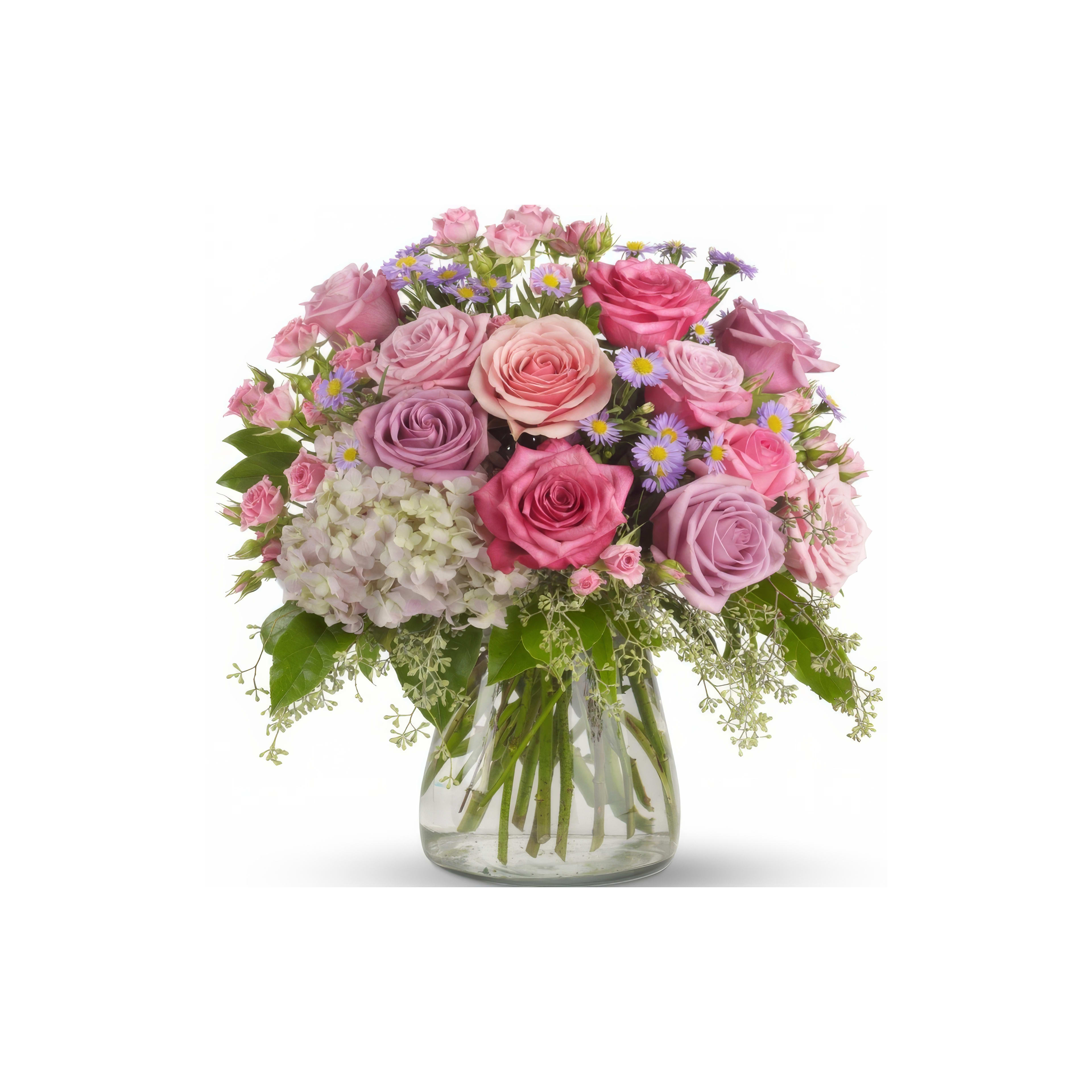 A vibrant arrangement of pink and purple roses sits elegantly in a vase, showcasing its beauty.