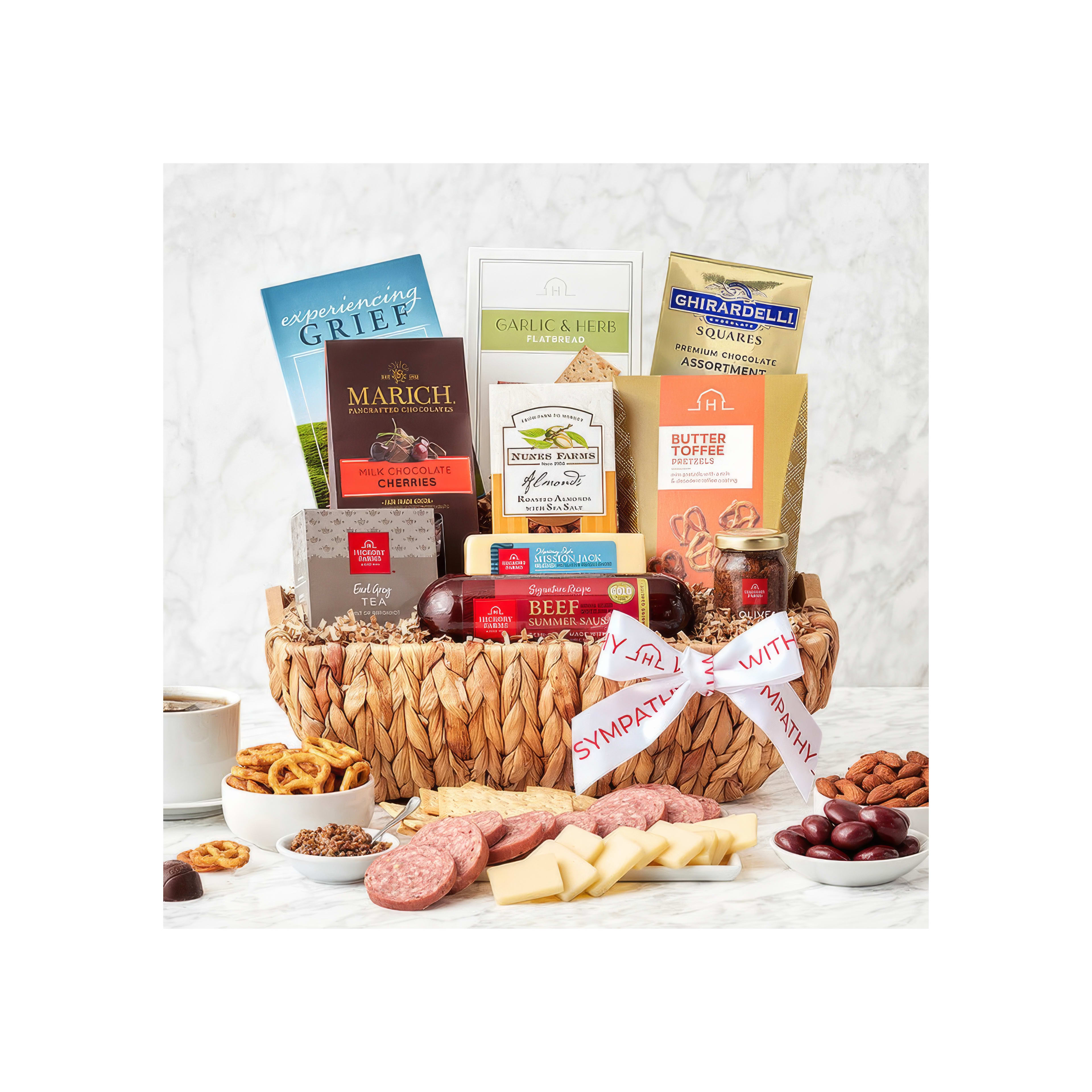A lovely basket of snacks and treats for comfort during tough times.