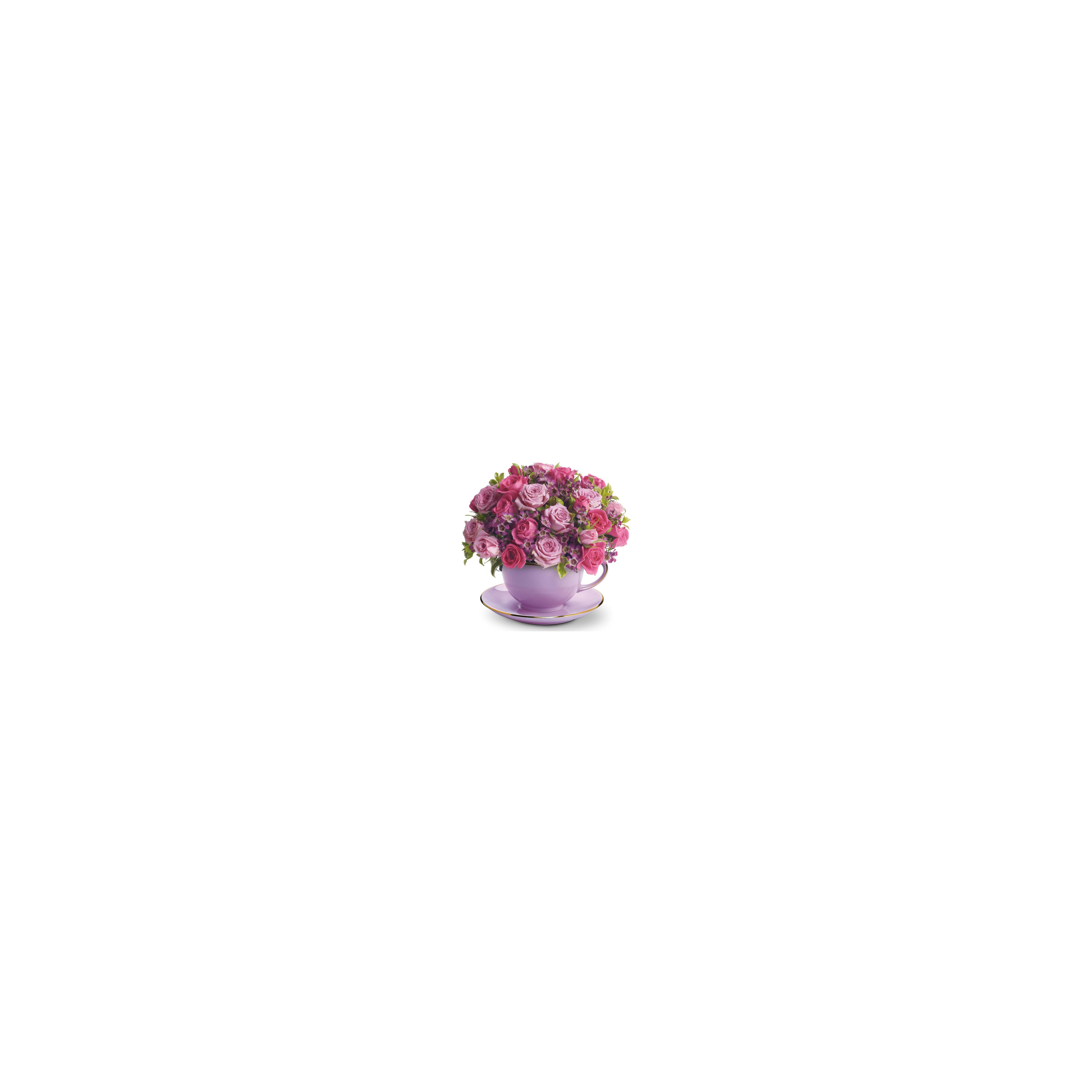 Delicate pink roses and greenery make a stunning centerpiece in a purple teacup.