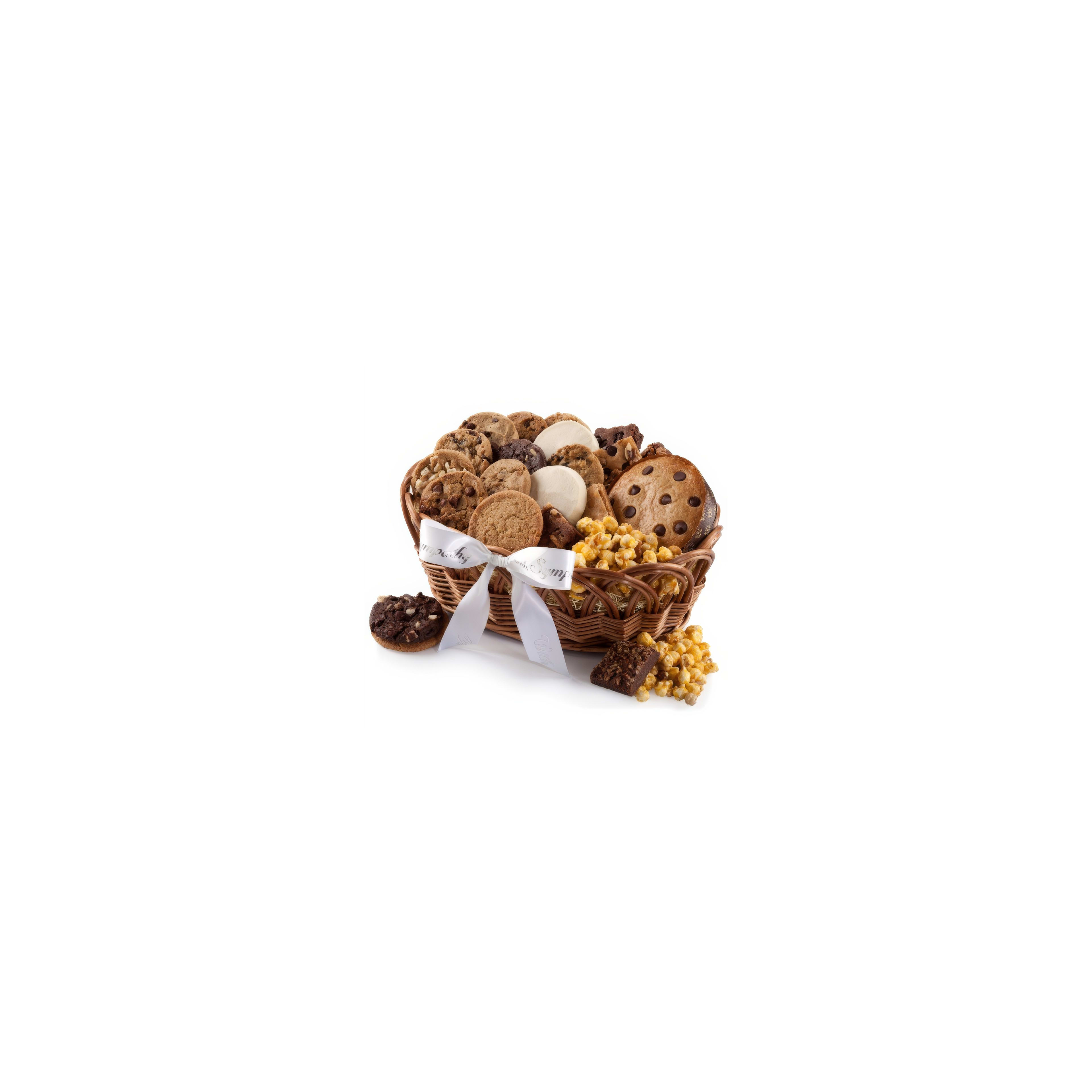 Assorted cookies and sweet popcorn are arranged in a decorative basket, perfect for sharing.
