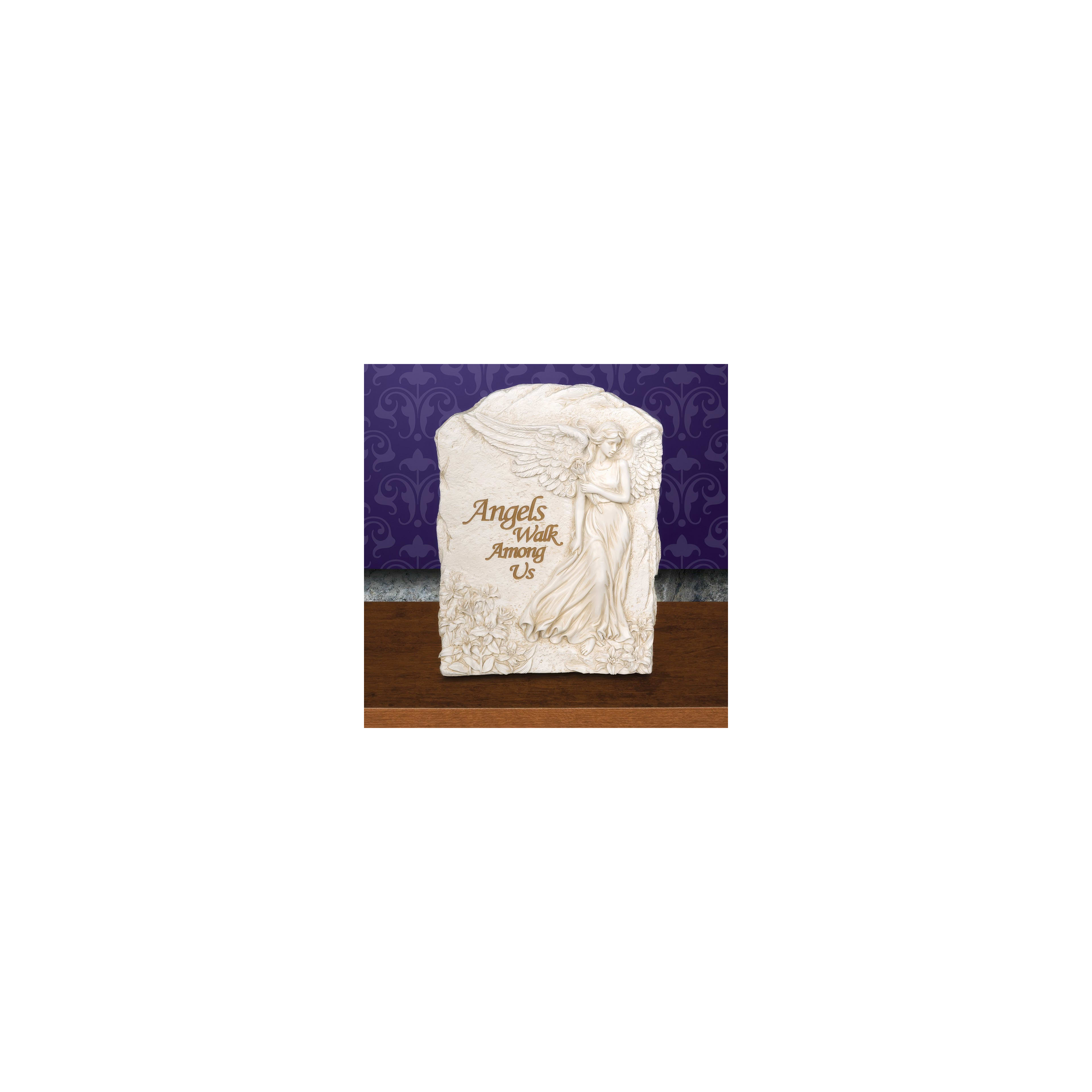 Beautiful stone carving features an angel and the message about angels walking among us.