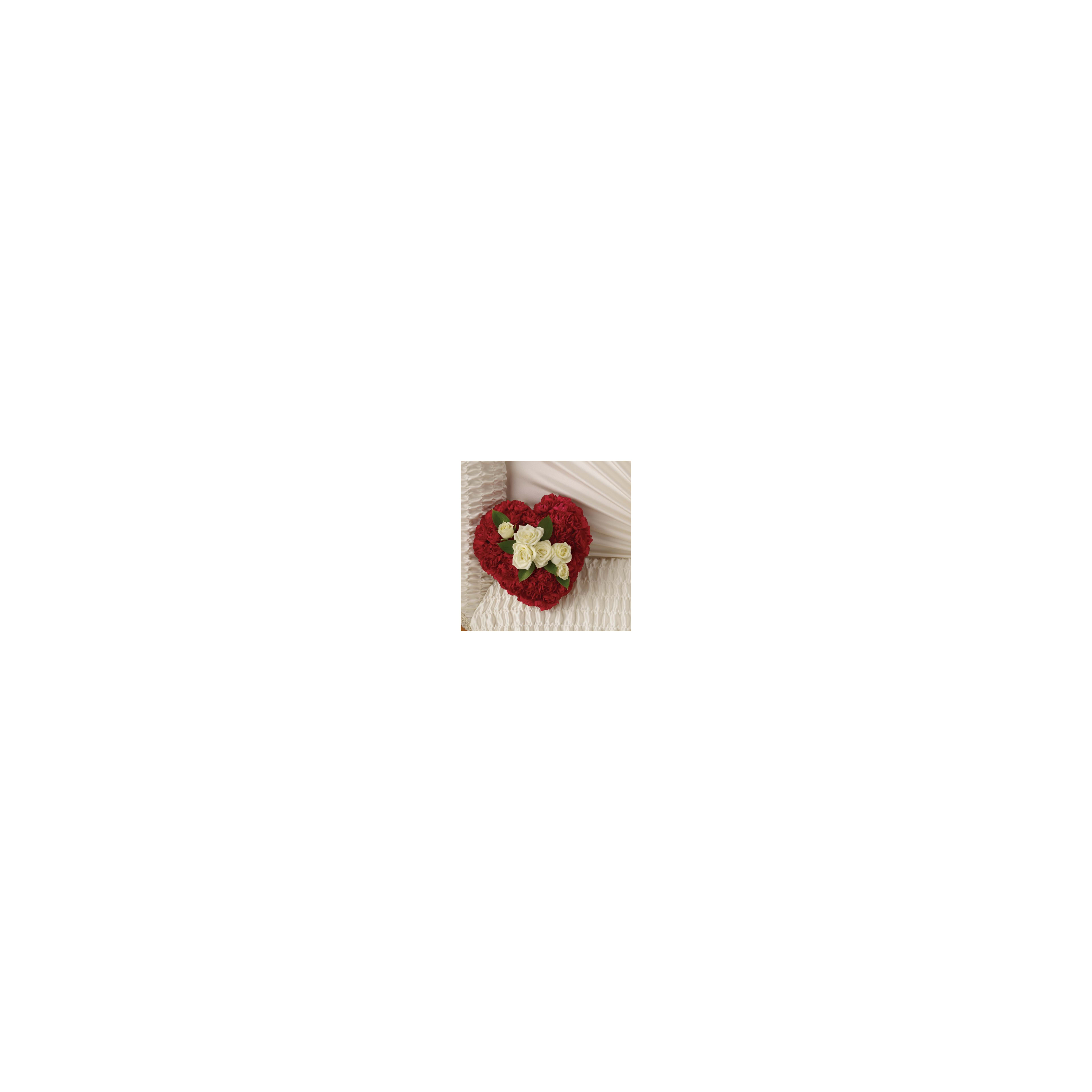 A heart-shaped floral arrangement features red and white flowers on a textured white background.