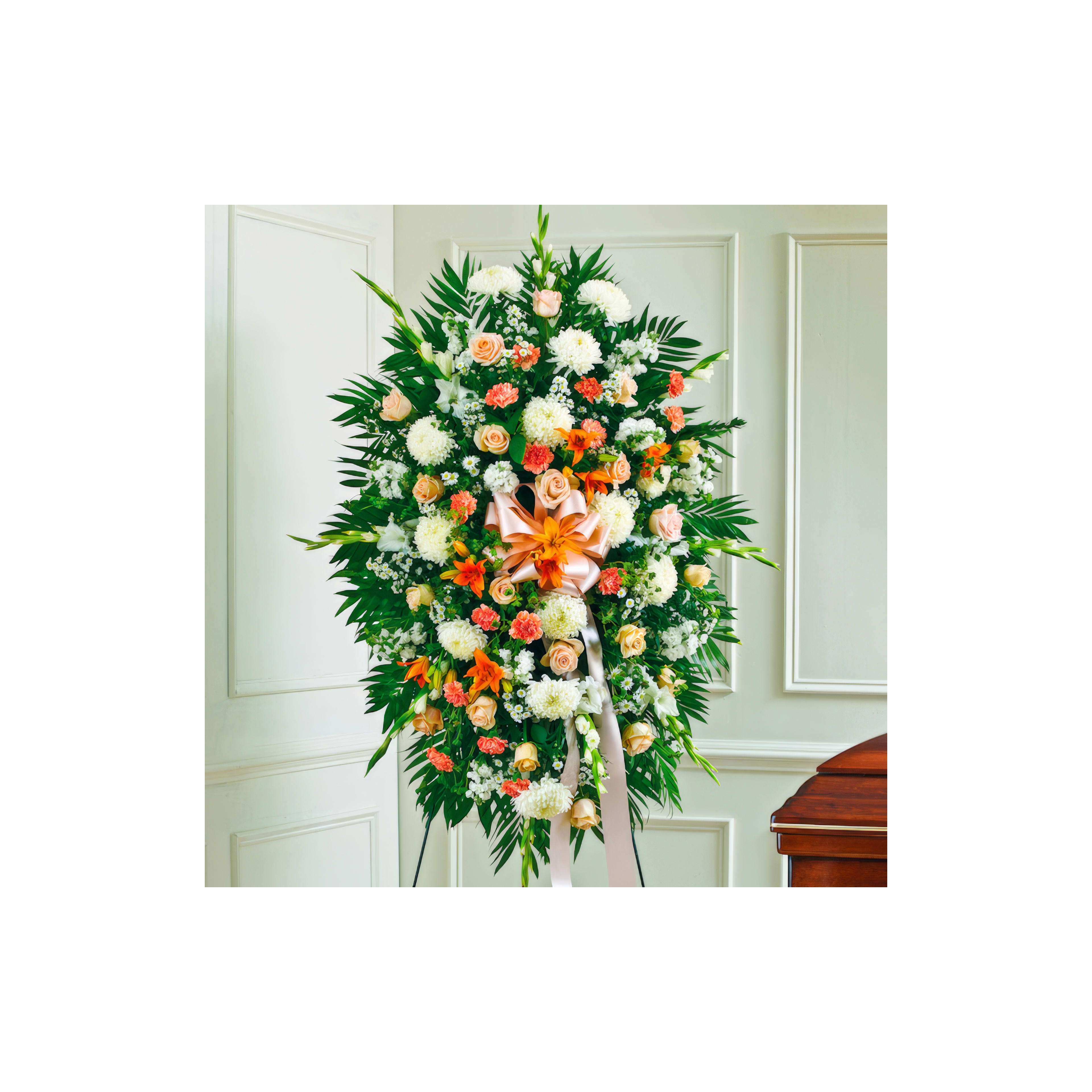 Beautiful floral tribute featuring roses, lilies, and greenery in a serene interior space.