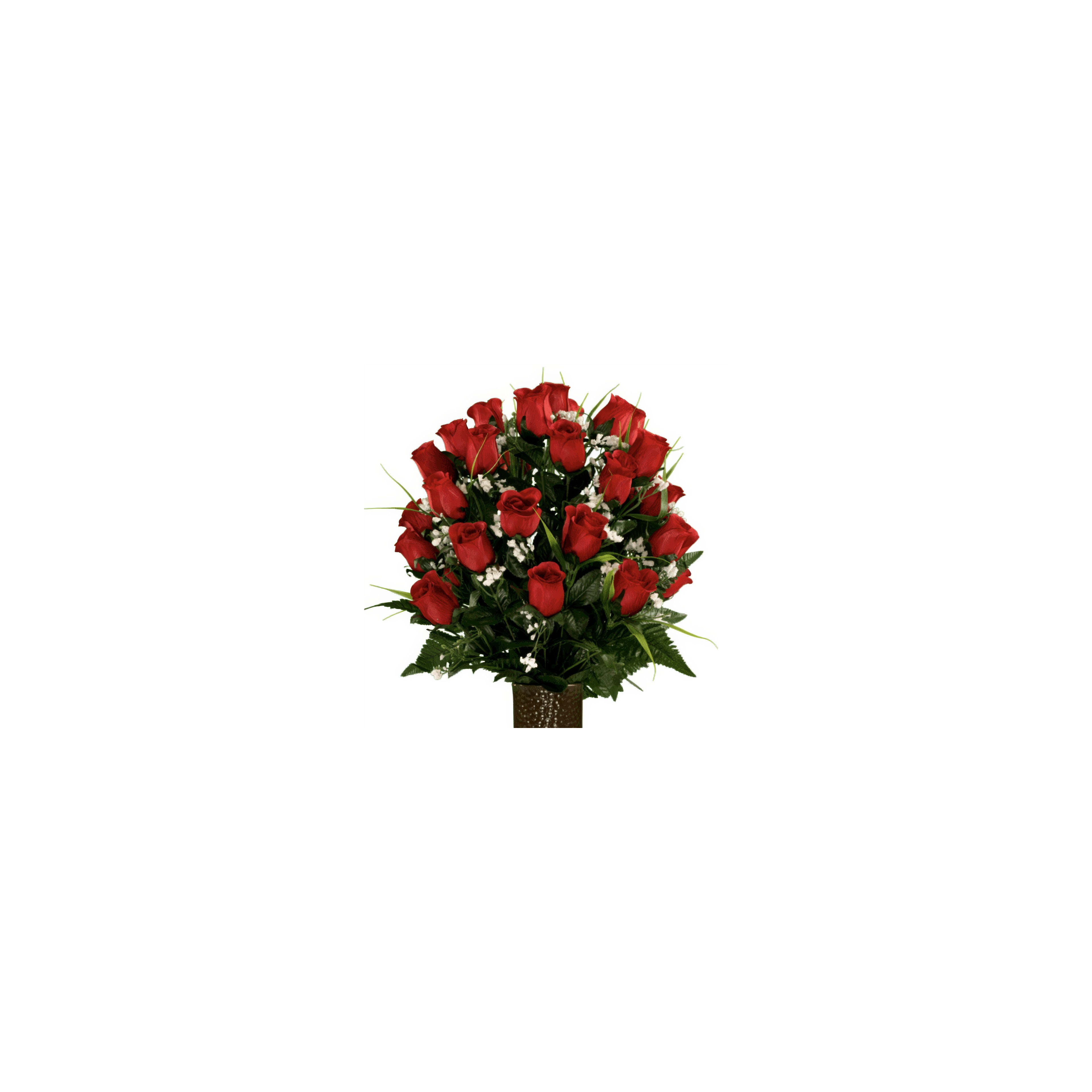 A vivid mix of red roses and white baby's breath in a decorative vase for celebrations.