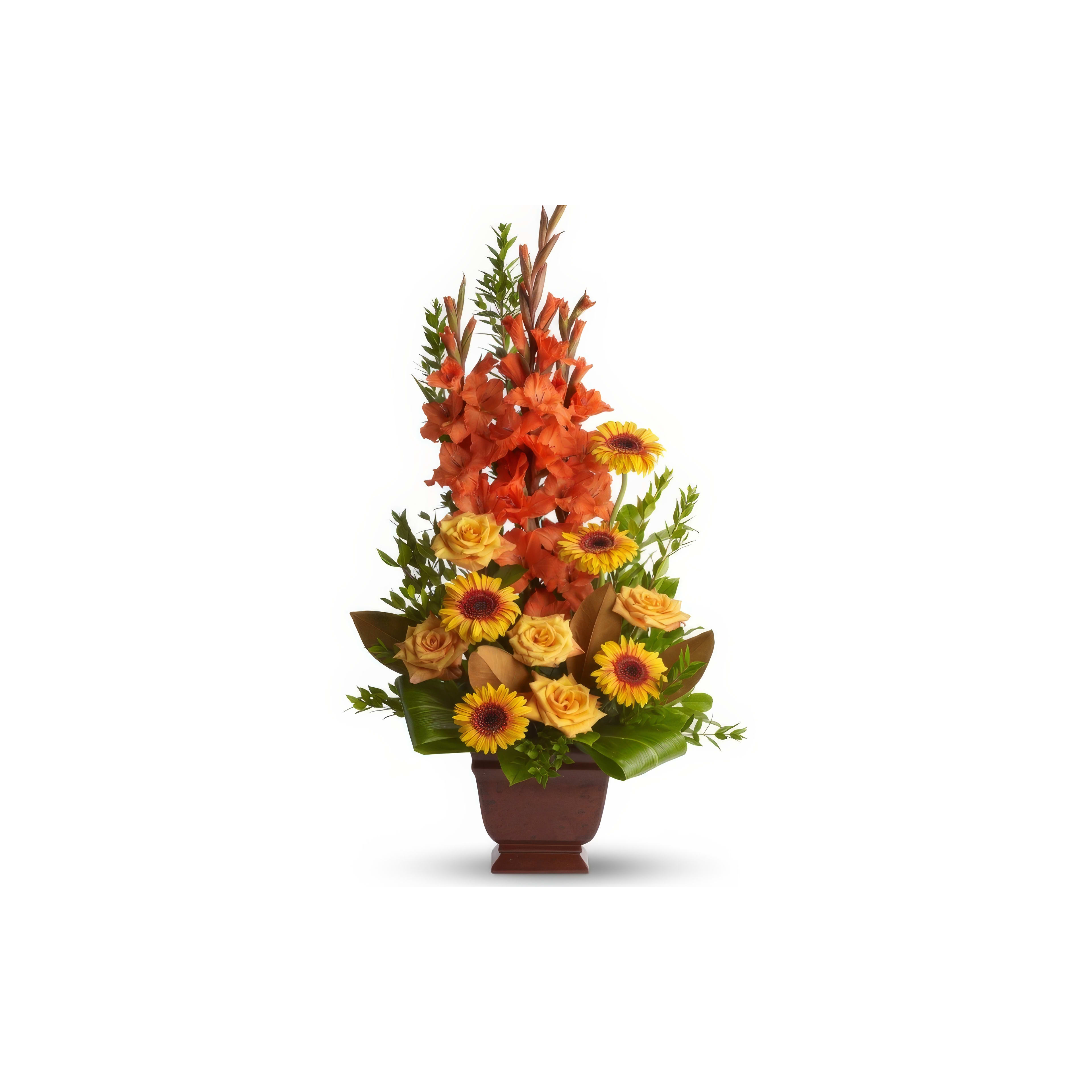 Colorful floral arrangement showcases orange gladiolus, yellow roses, and sunflowers in a vase.