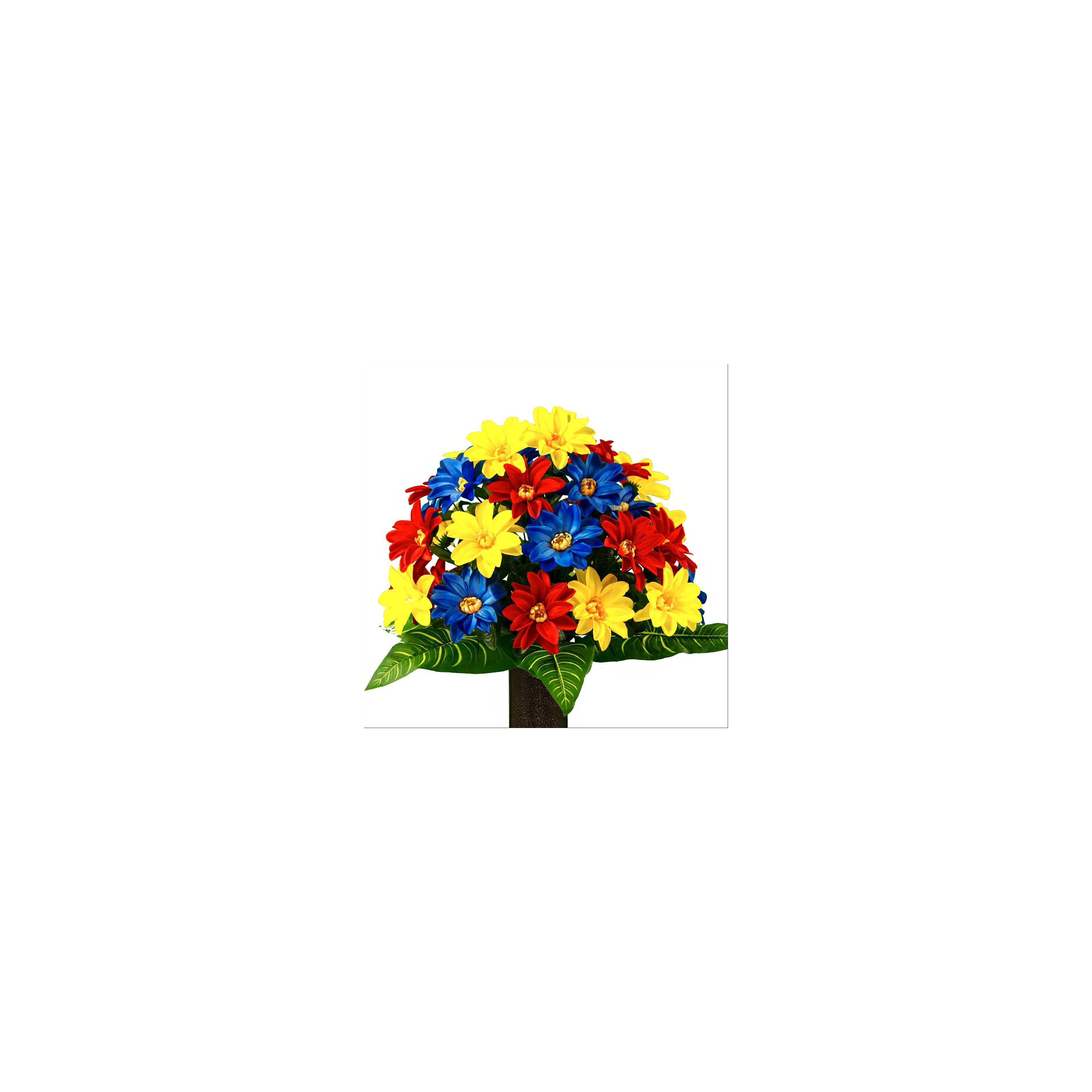 This arrangement features vibrant flowers in blue, yellow, and red, perfect for celebrations.