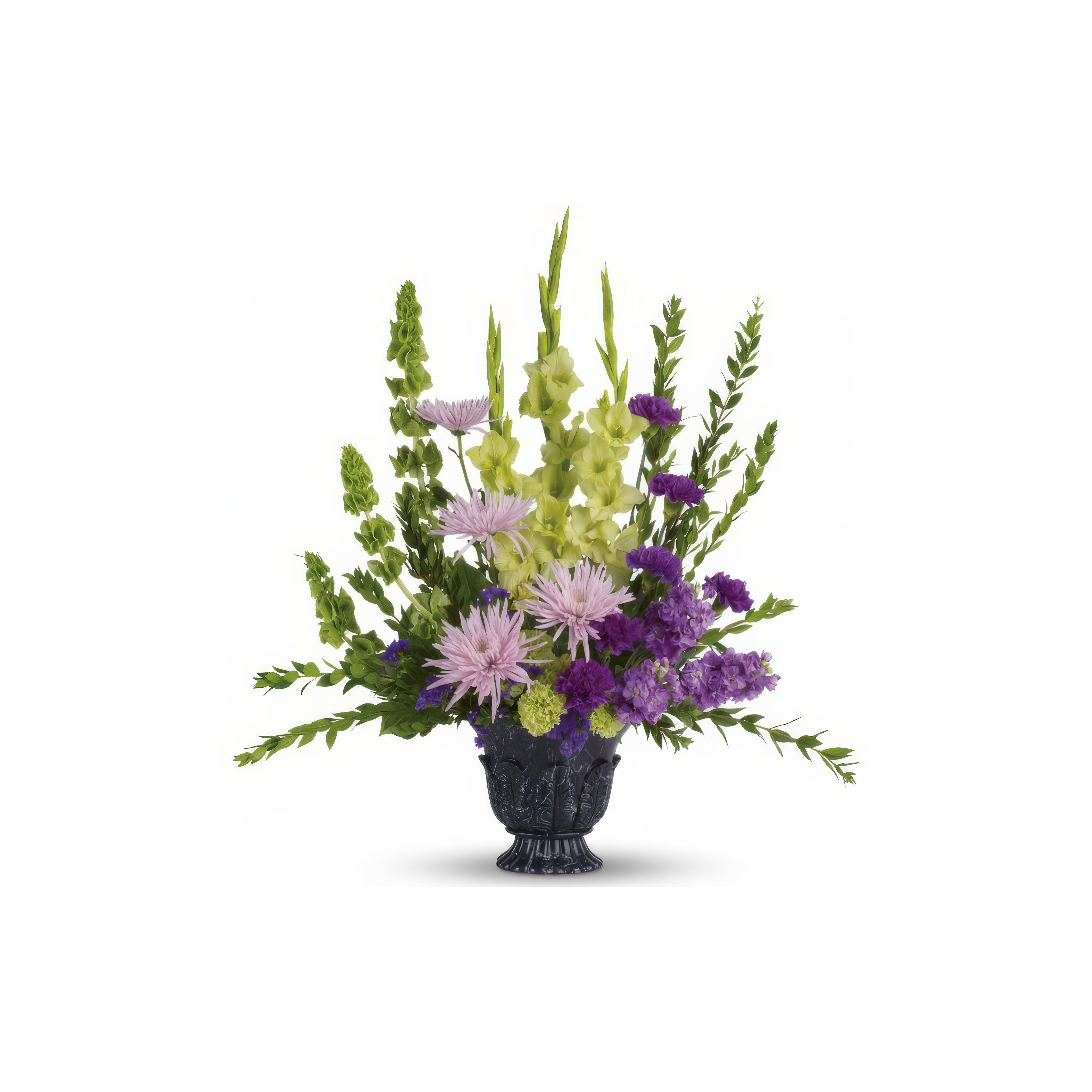 Colorful flowers with purple and green hues arranged beautifully in a decorative vase.