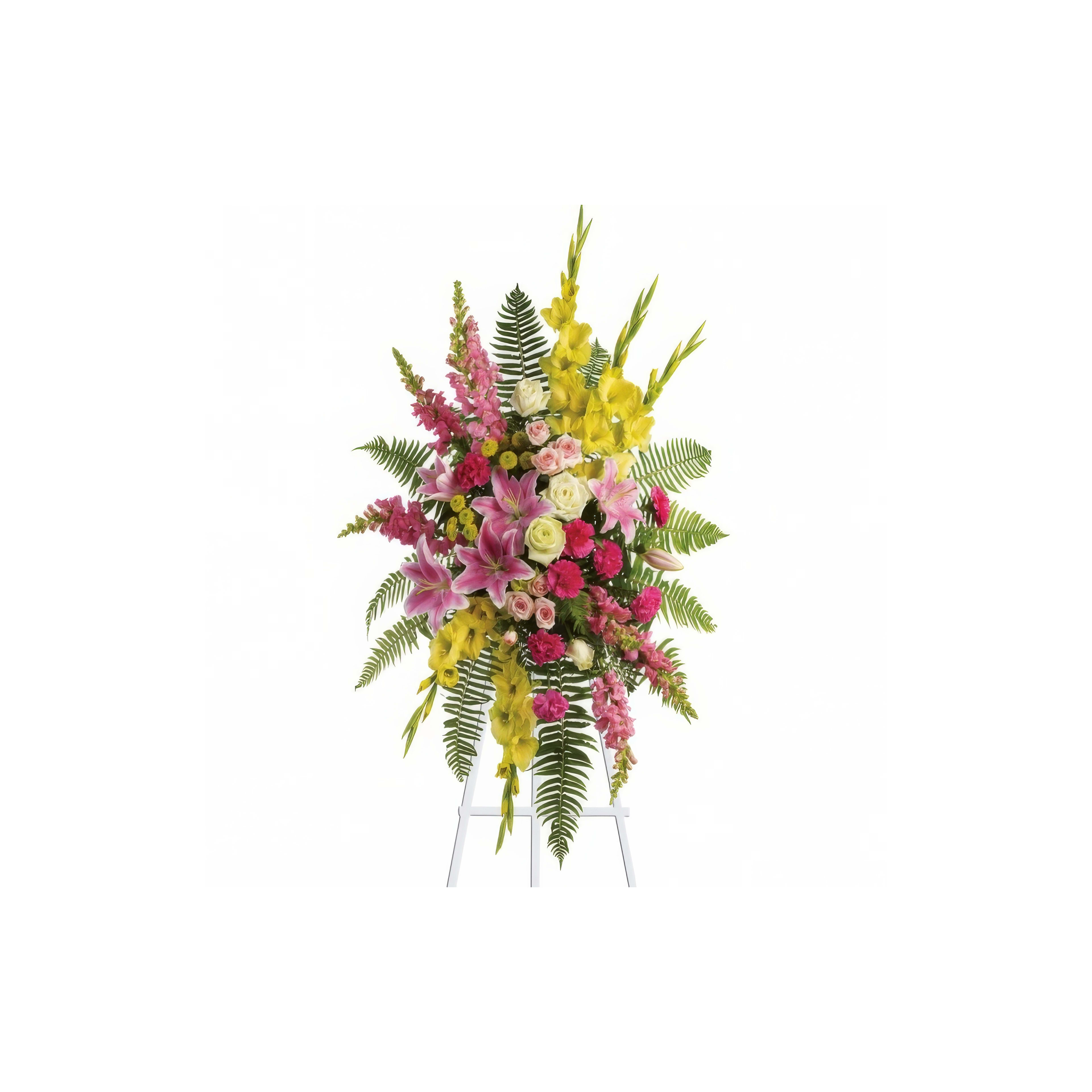 A vibrant display of mixed flowers in various colors is arranged on a metal stand.