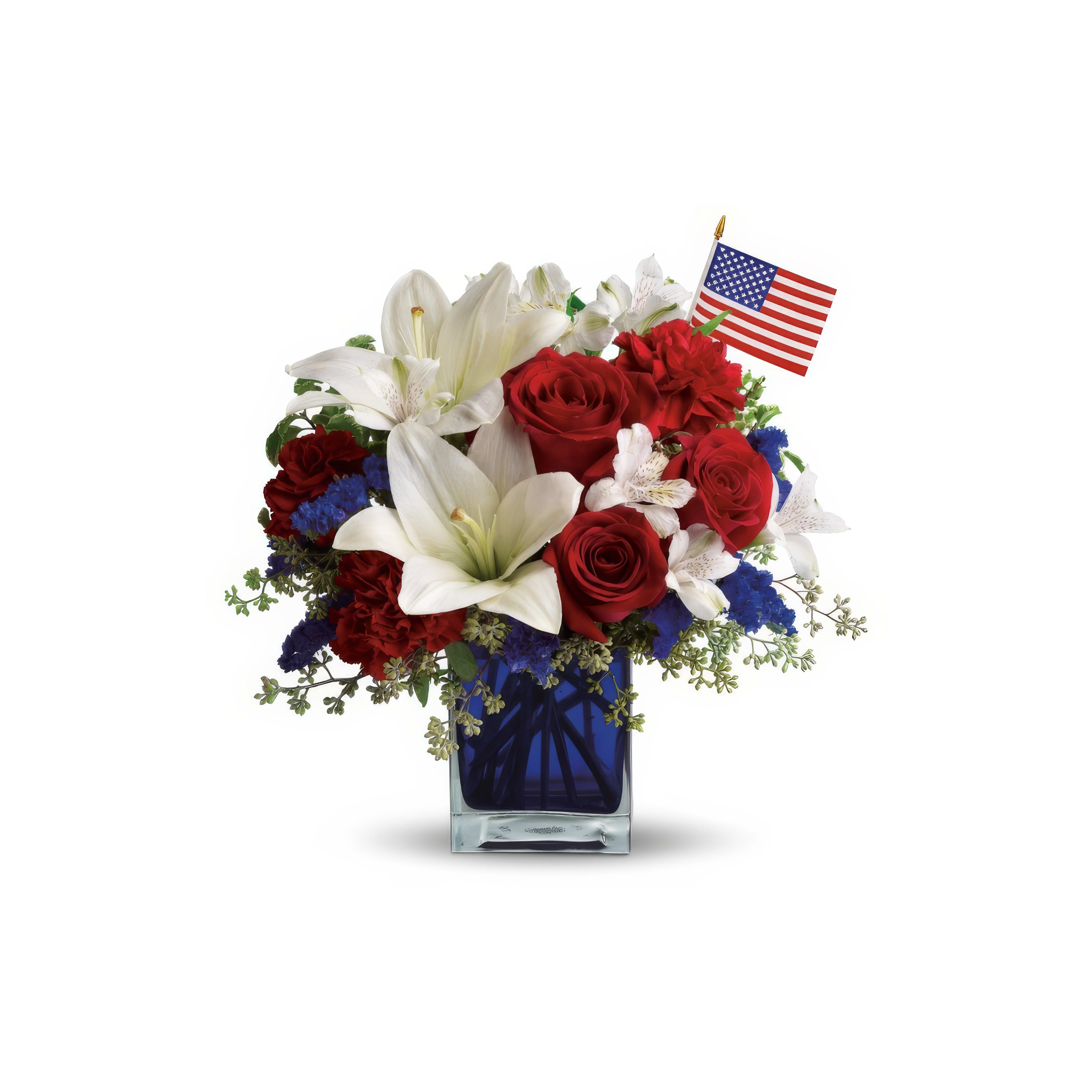 Beautiful bouquet of red and white flowers with greenery and a flag, perfect for festive occasions.