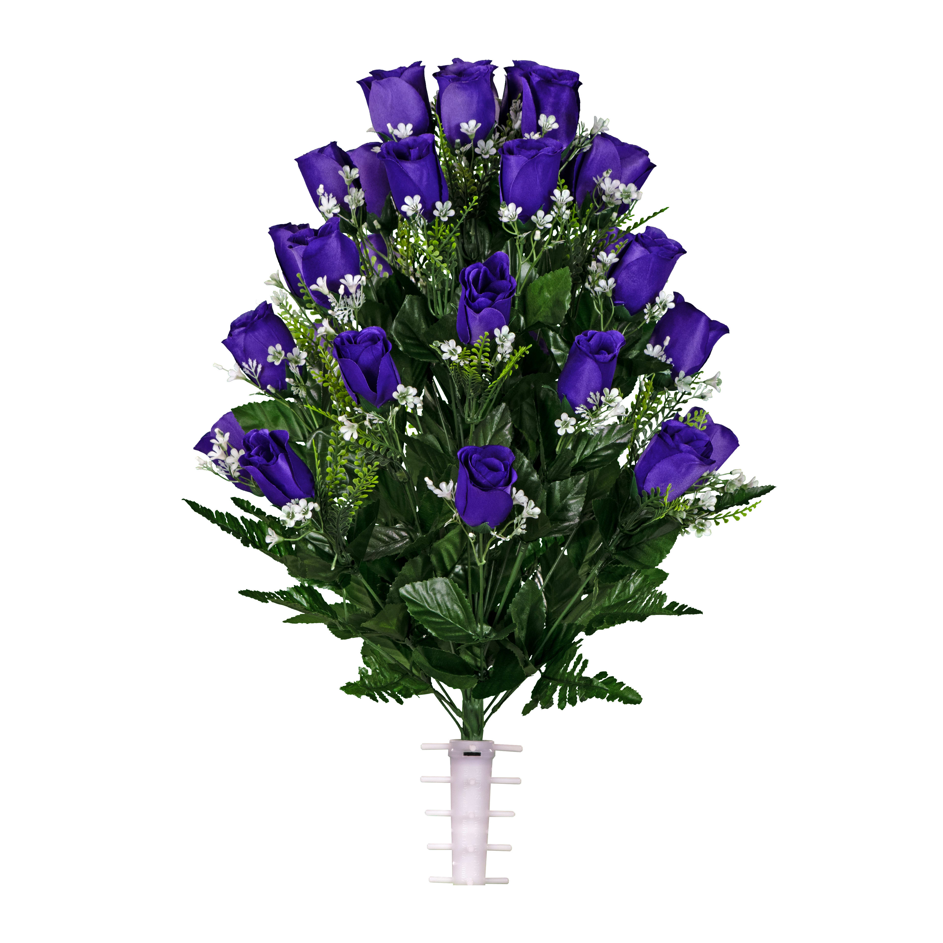 Beautiful arrangement of artificial purple roses surrounded by greenery adds a vibrant touch.