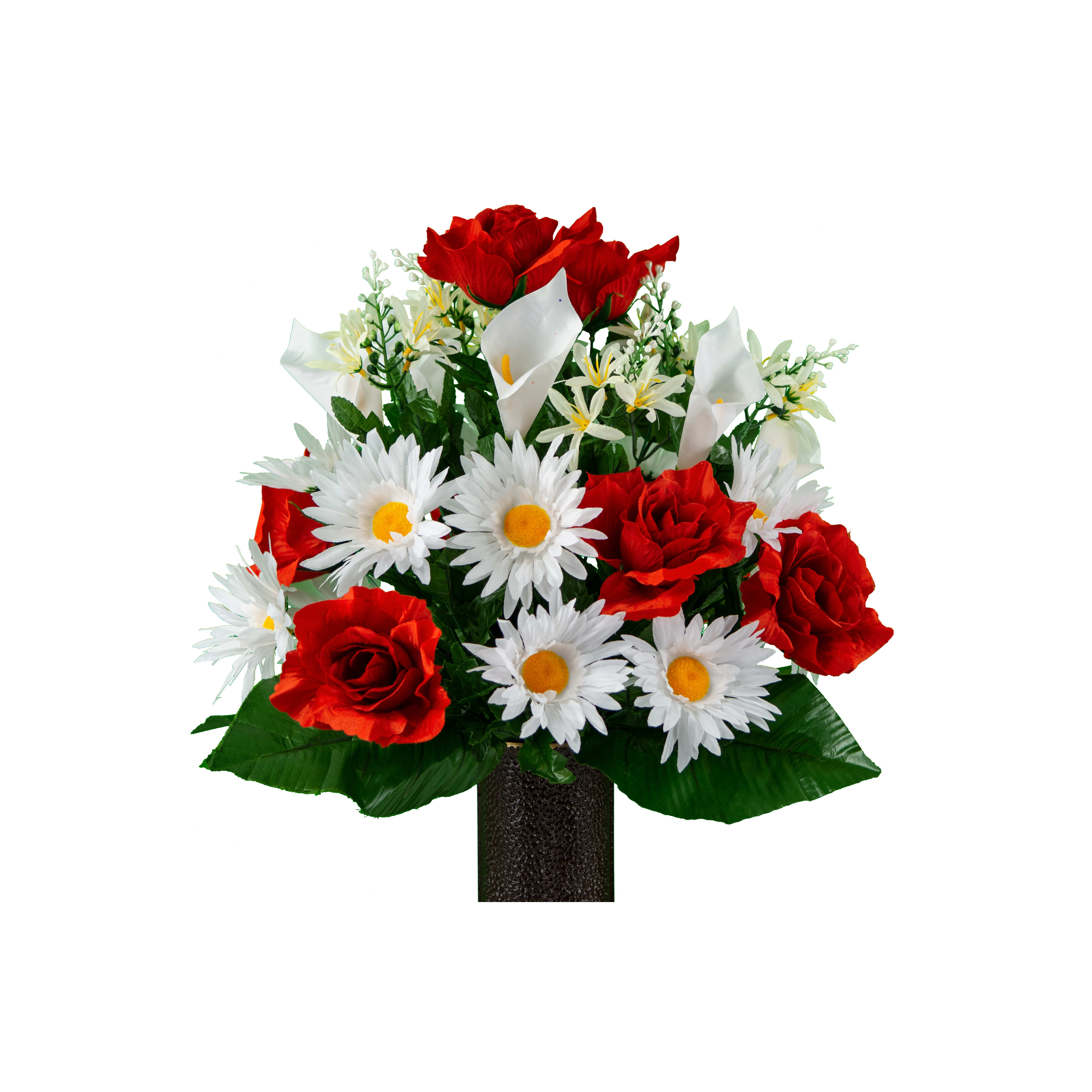 Vibrant bouquet combines red roses, white daisies, and elegant calla lilies in a stylish vase.