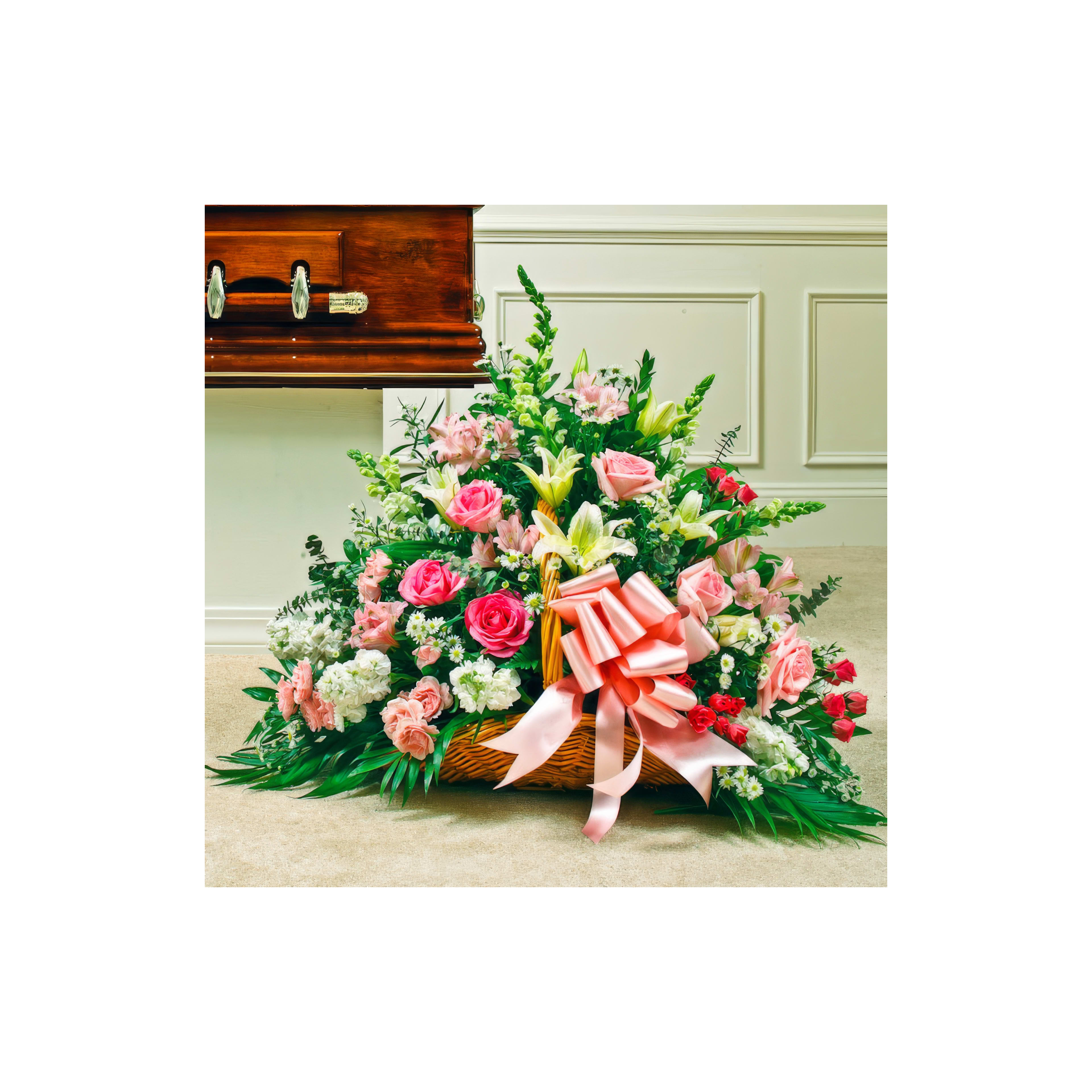 A colorful floral arrangement of pink roses and white lilies in a basket by a casket.