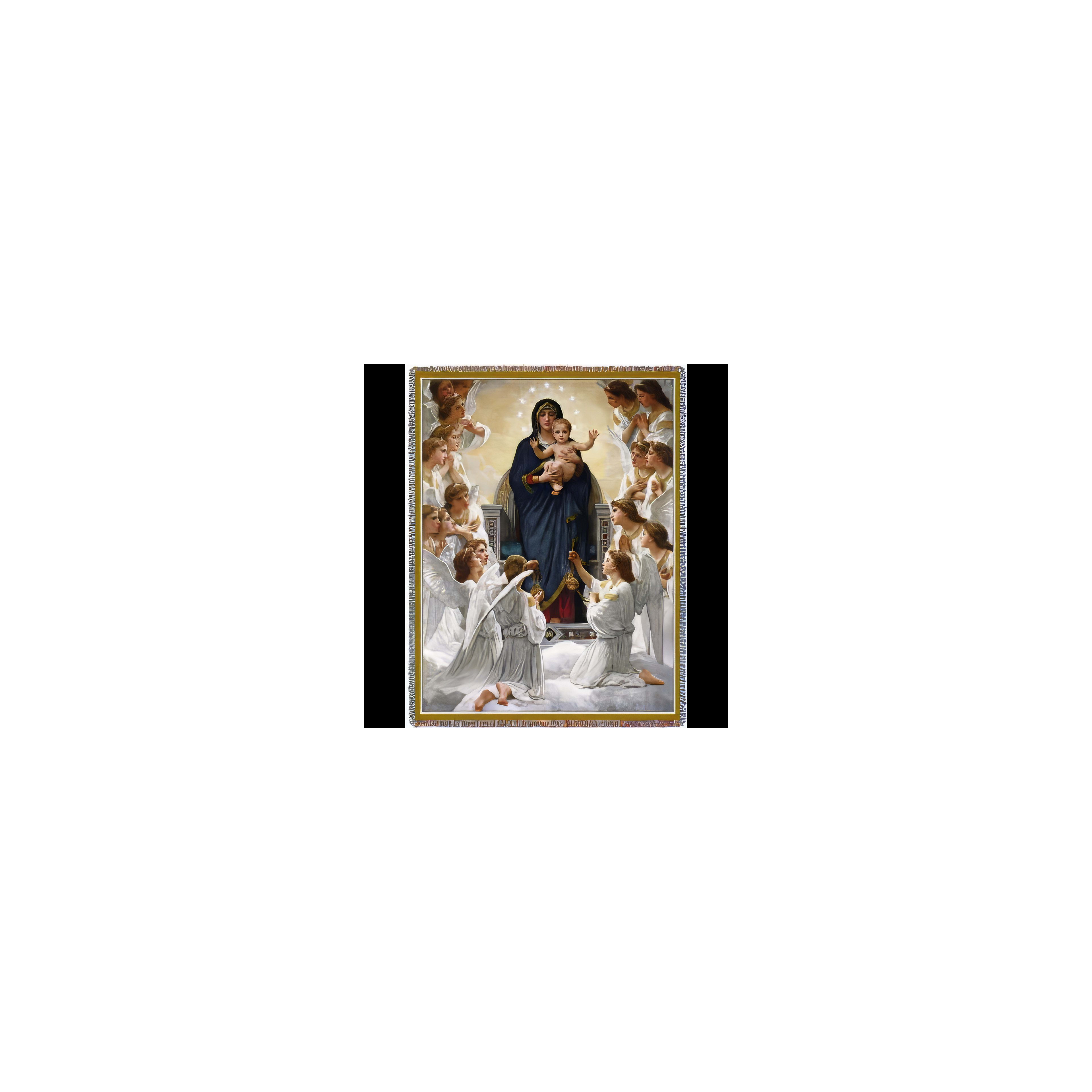 Mary holds infant Jesus with angels surrounding them in a sacred moment of reverence and joy.