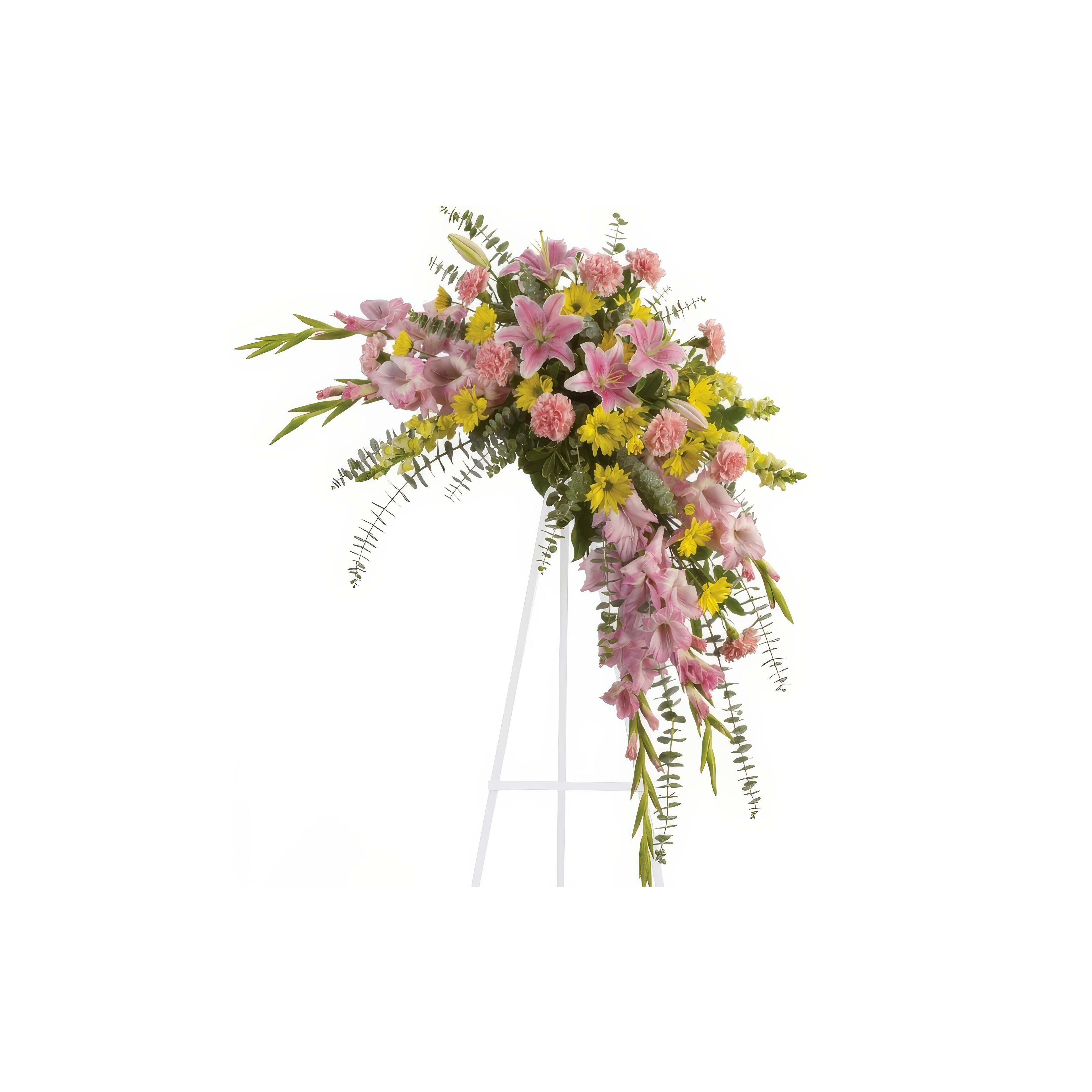 A vibrant floral arrangement showcases pink lilies, yellow daisies, and lush greenery on a stand.