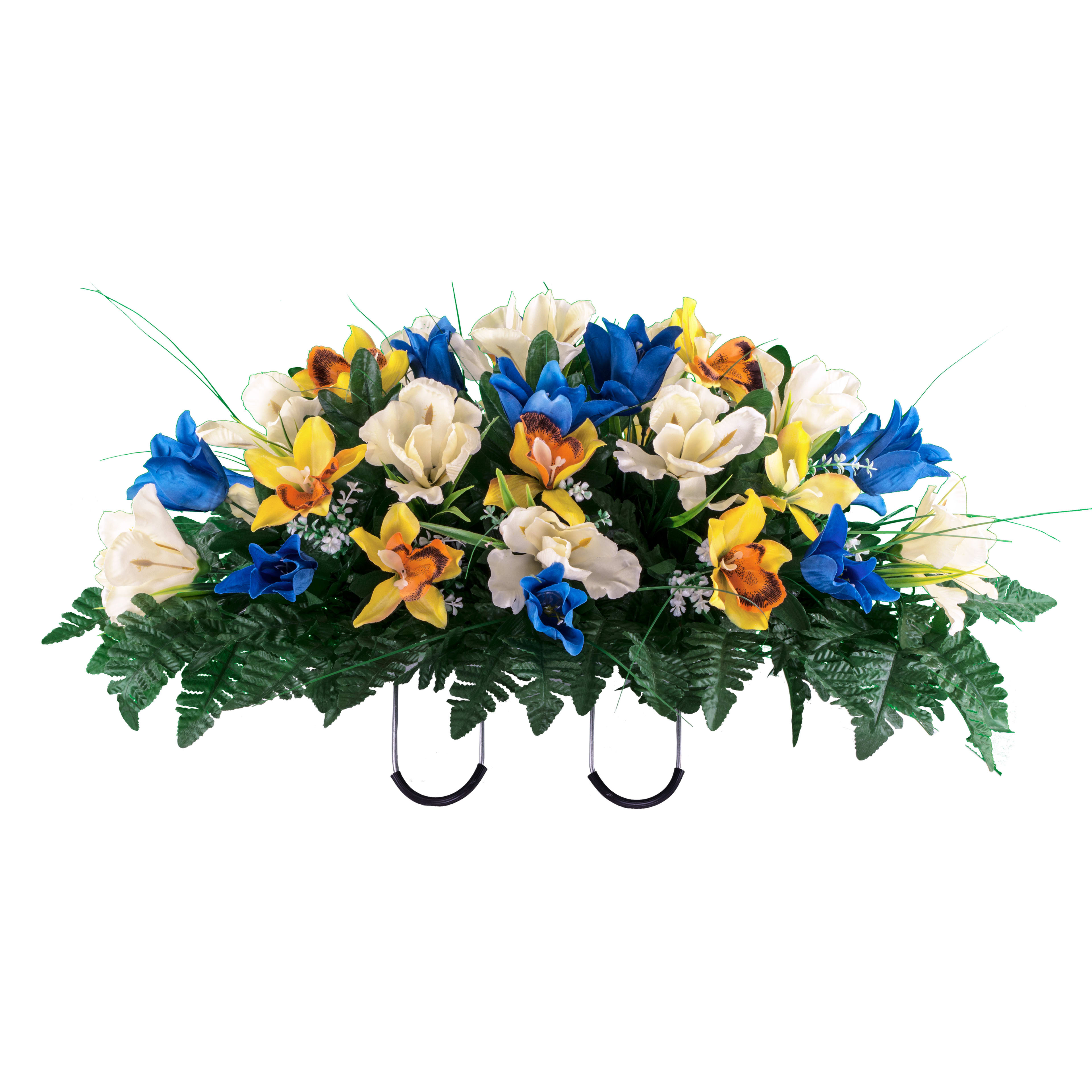 A vibrant display of flowers includes blue, yellow, and white blooms arranged with greenery.