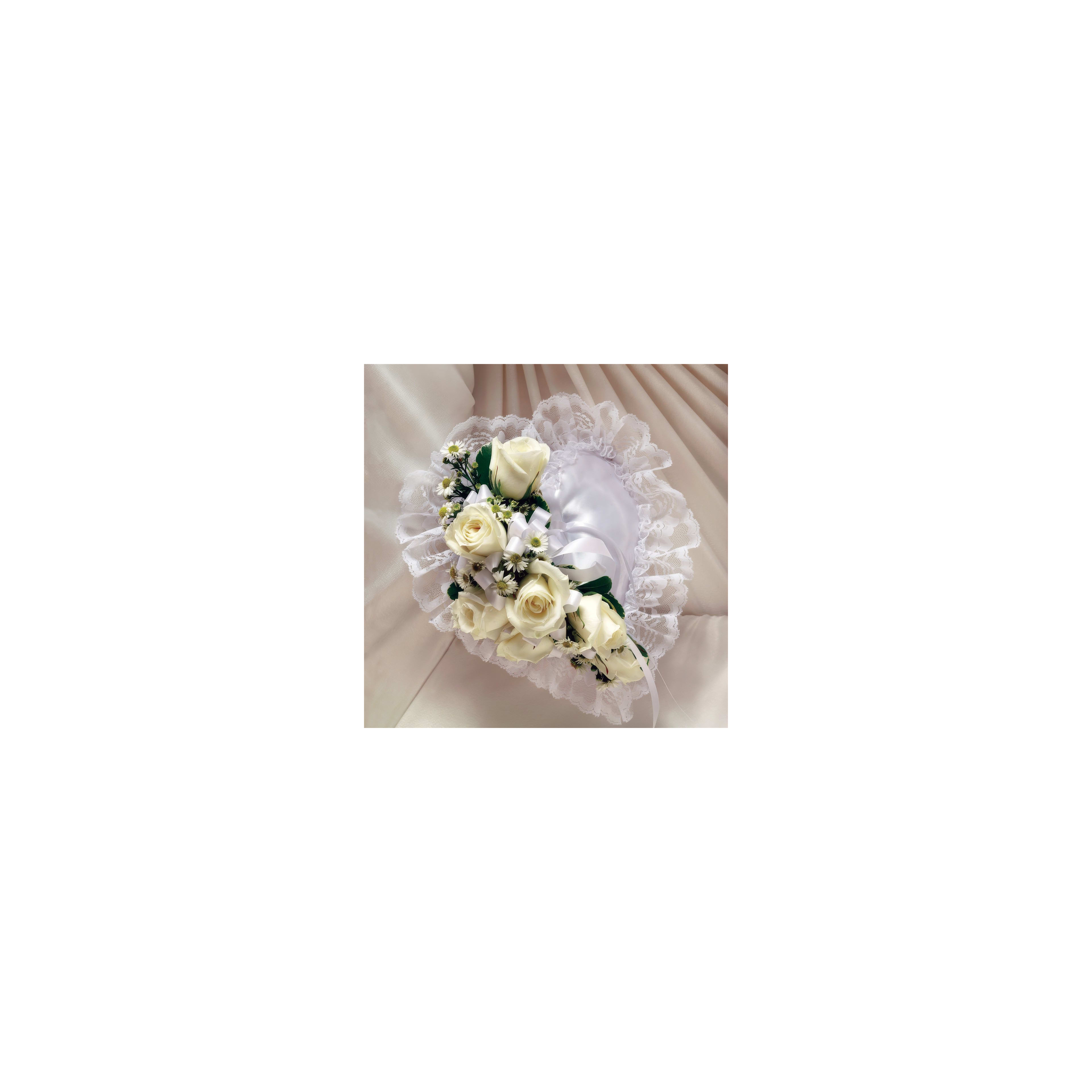 This elegant bouquet features white roses and lace, perfect for weddings or celebrations.