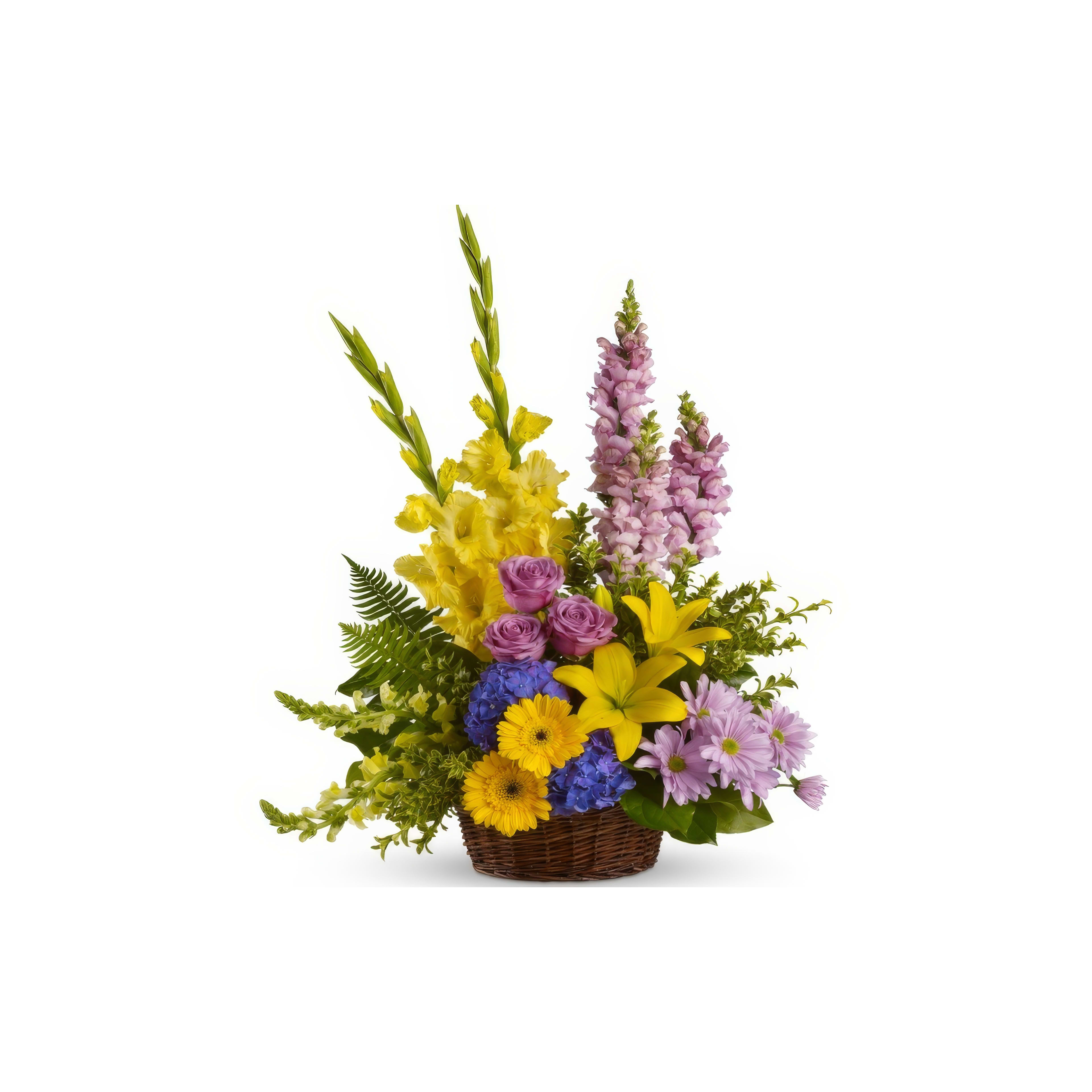 Vibrant flowers in a wicker basket create a beautiful centerpiece for any occasion.