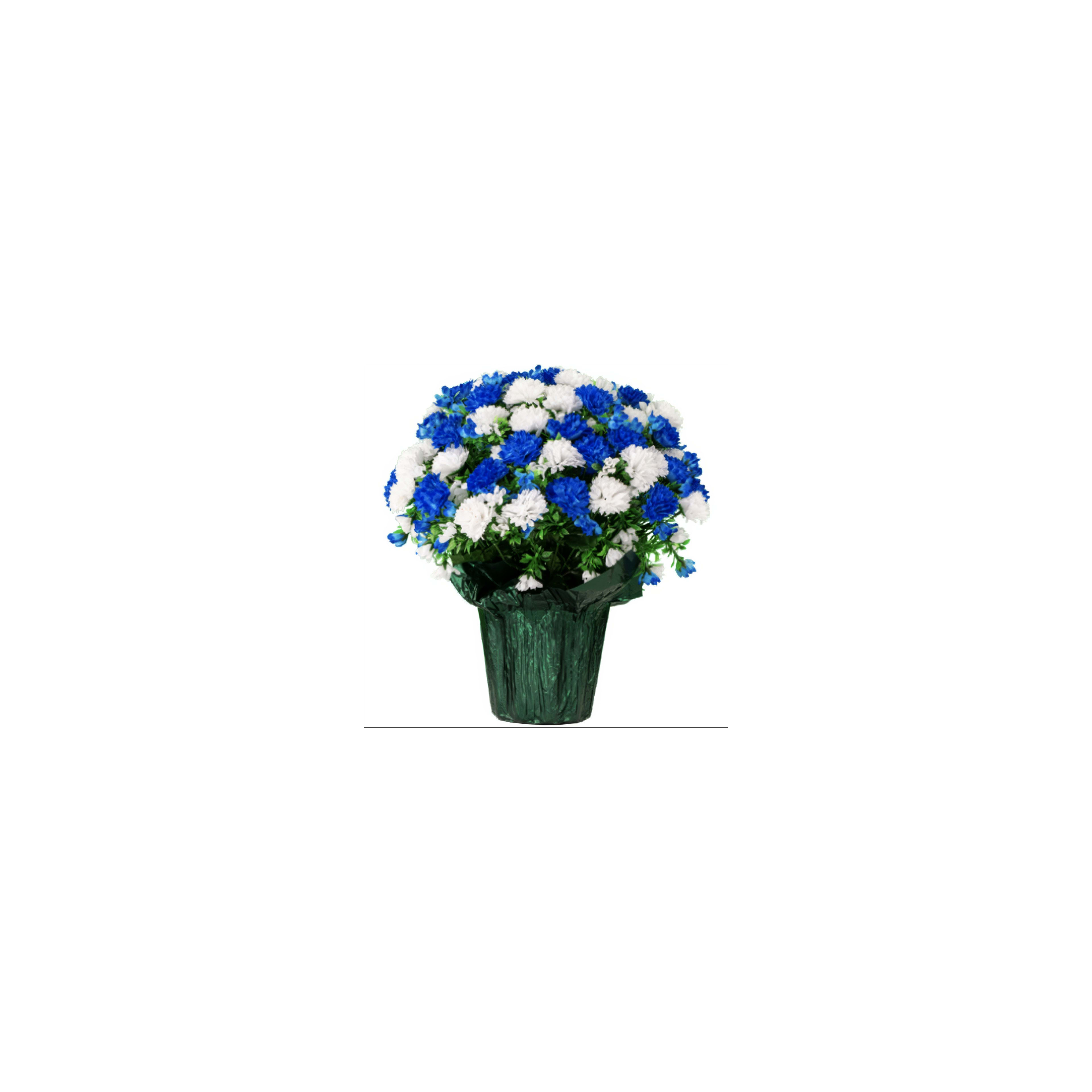 Beautiful blooms of blue and white flowers fill a decorative pot in bright sunlight.
