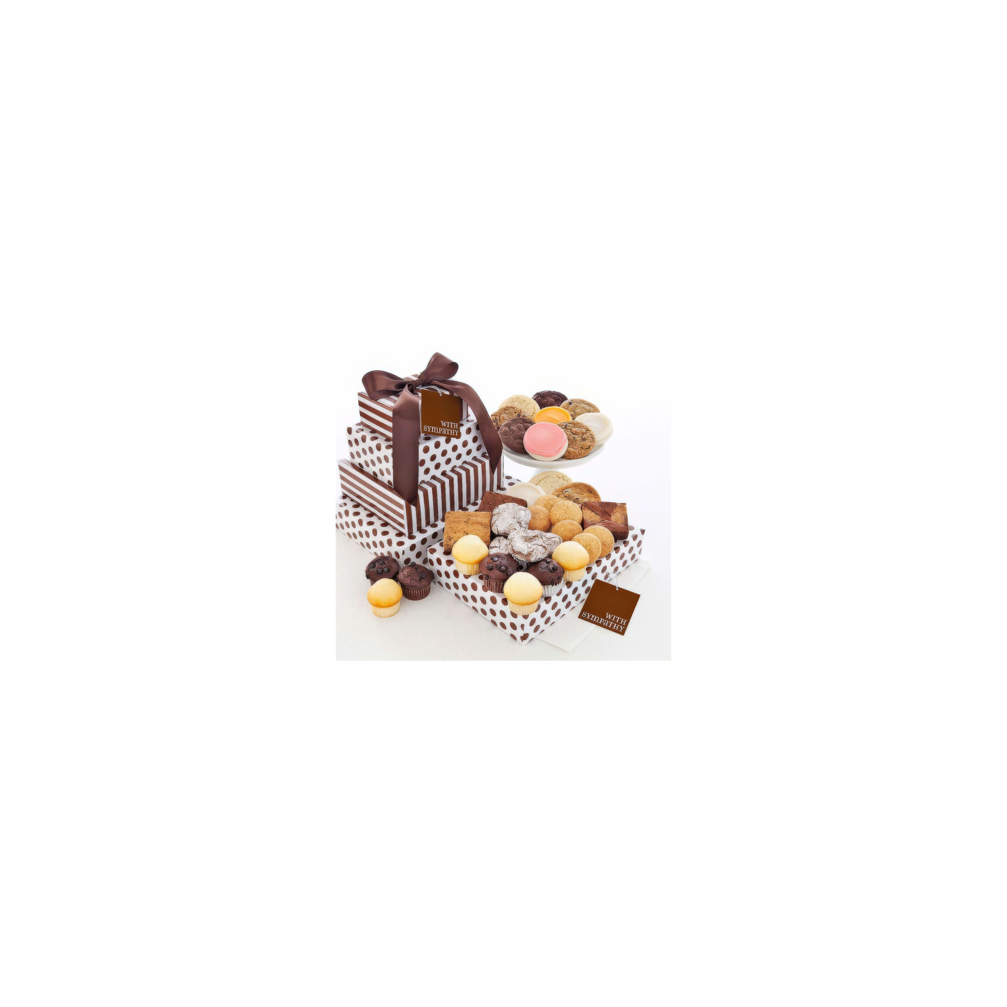 Beautifully arranged gift boxes filled with a variety of cookies, cakes, and confections.