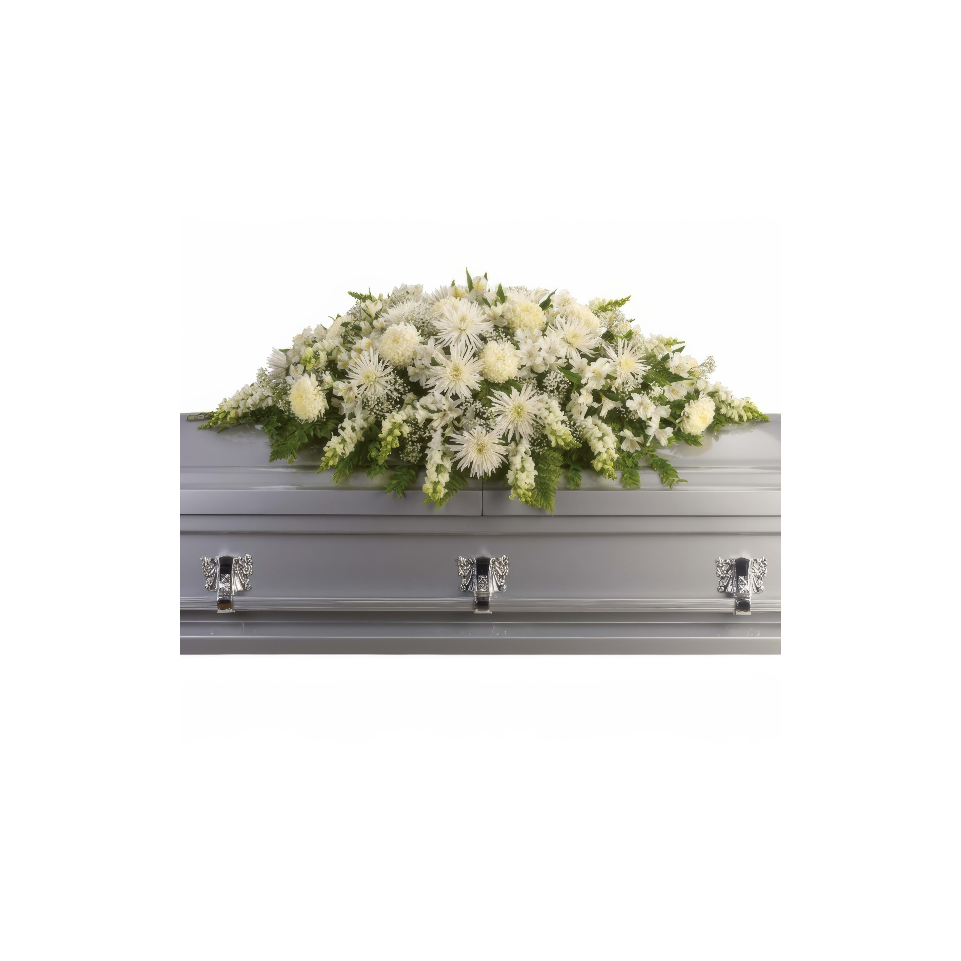 A silver casket topped with white flowers creates a serene tribute atmosphere.