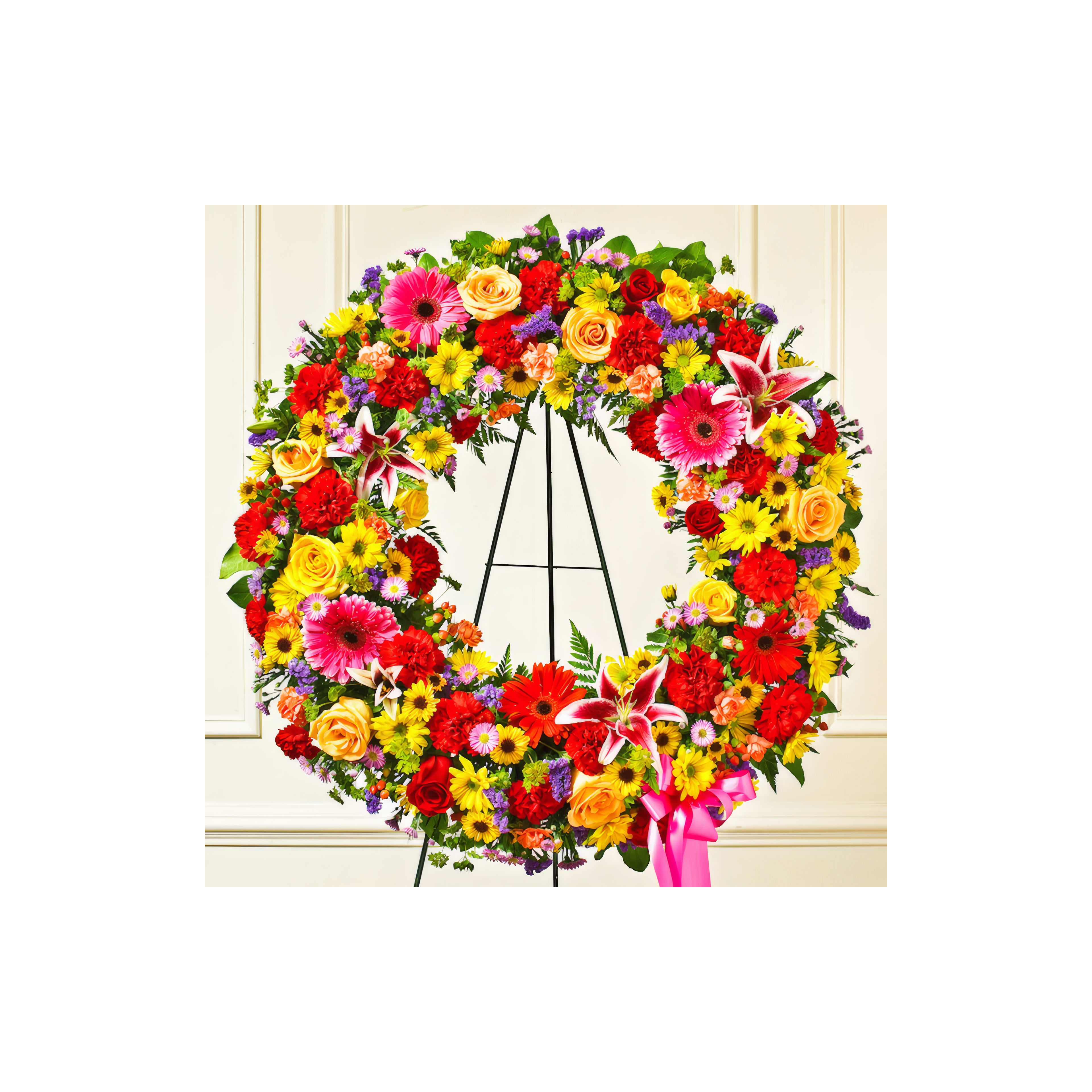 A vibrant floral wreath features diverse blooms, symbolizing remembrance and honor.
